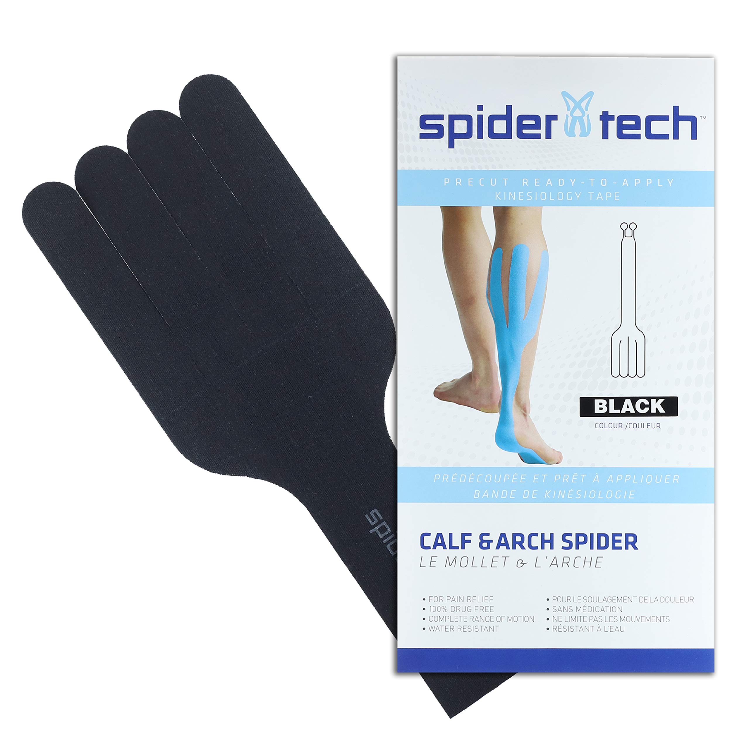 Spidertech Calf & Arch Pre-Cut Kinesiology Tape. Water-Resistant,  Latex-Free and Easy to use. Preferred by Athletes. Reduce Inflammation,  Help re-Train Muscles, Enhanced Performance (1 Pack) Black Calf & Arch