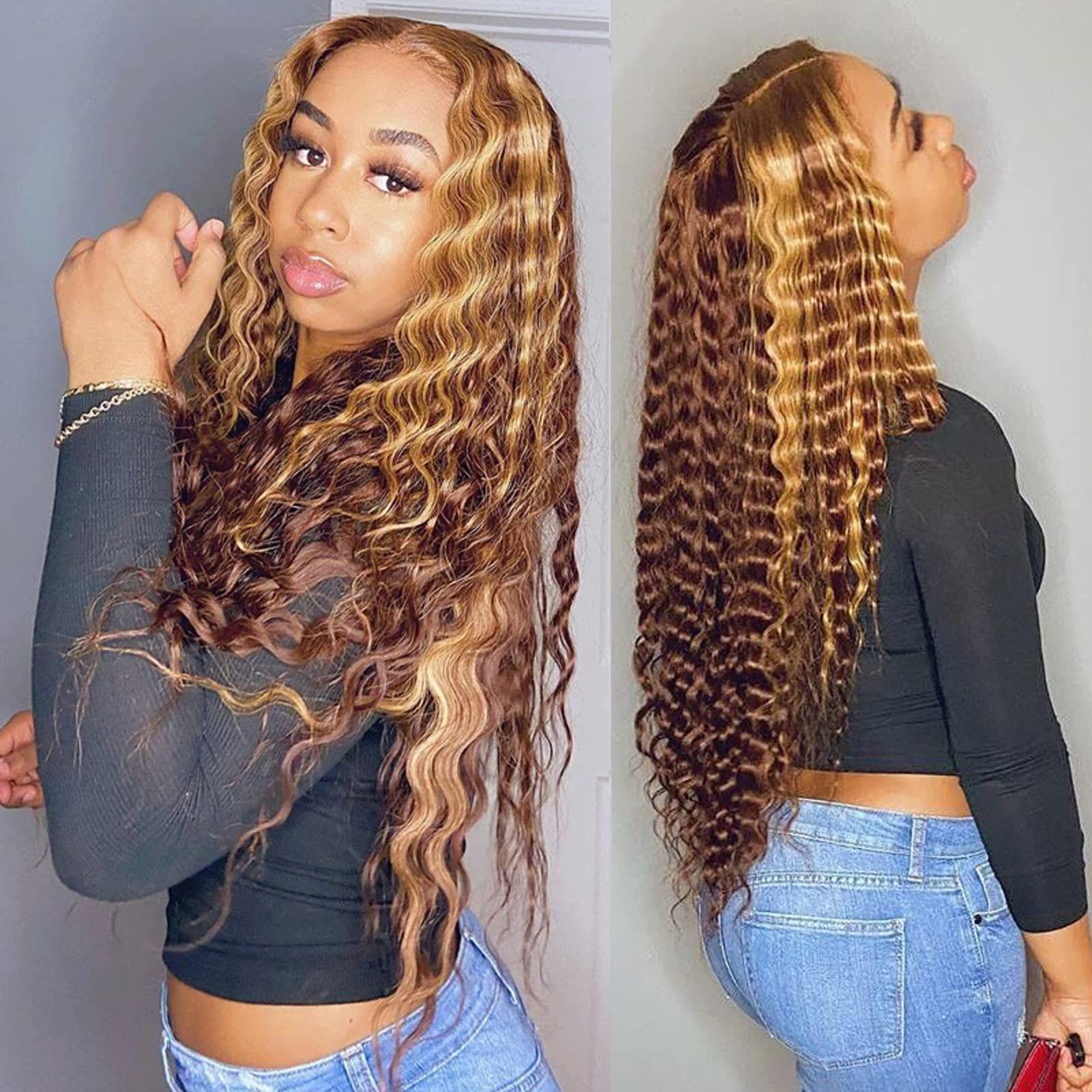 BLY Highlight Human Hair Lace Front Wigs Deep Wave #4/27 Ombre Colored  Glueless Wigs Pre Plucked 32 Inch 4x4 Transparent Curly Water Wave Lace Wig  Honey Blonde Real Human Hair 180% Density