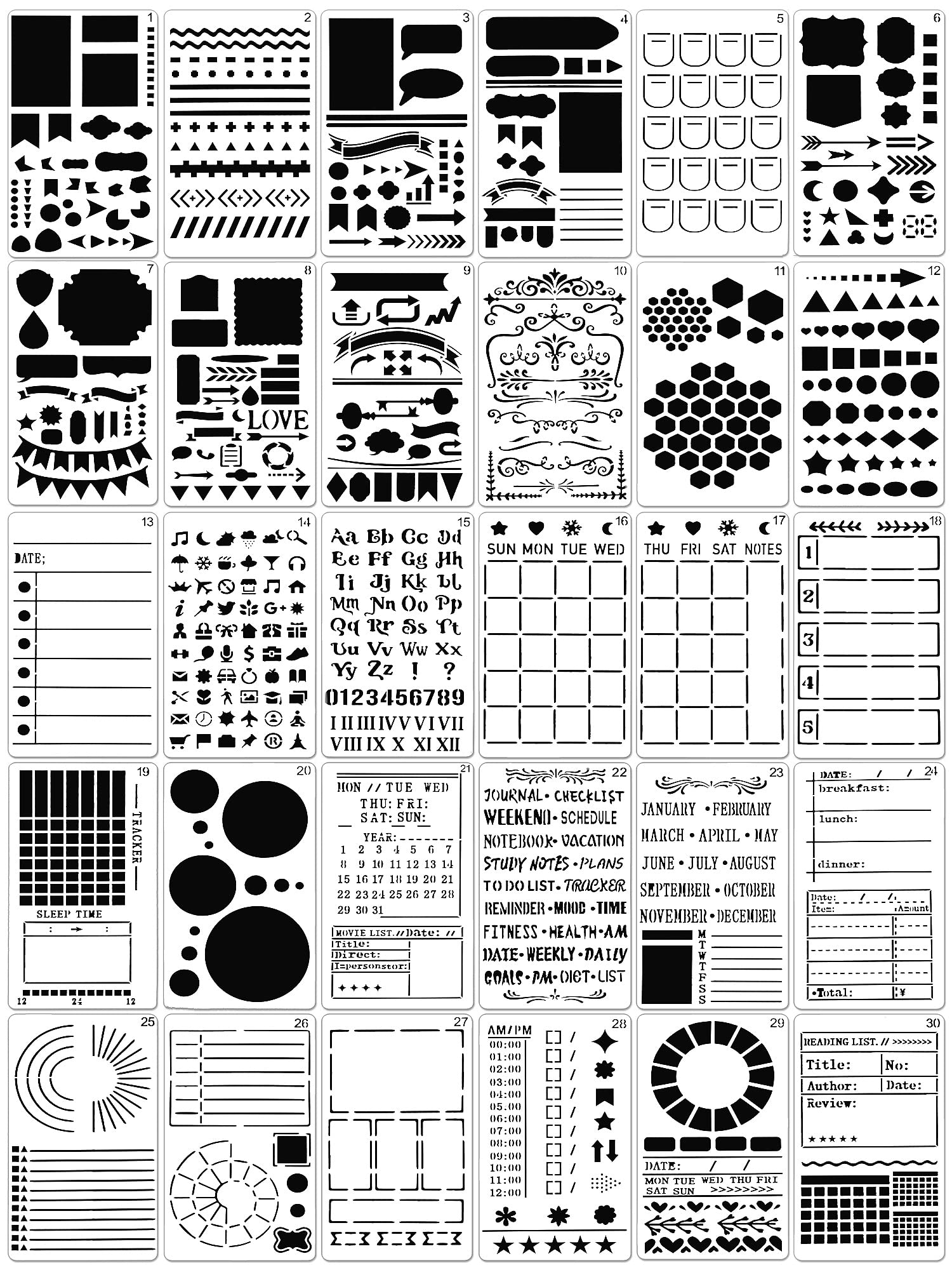 30 Pcs Journal Stencils Planner Stencils Plastic Ultimate Productivity Dot  Journal Stencils DIY Drawing Templates Set for Journal Notebook Scrapbook  Christmas Cards Decor, 4 x 7 Inch (Stylish Style)