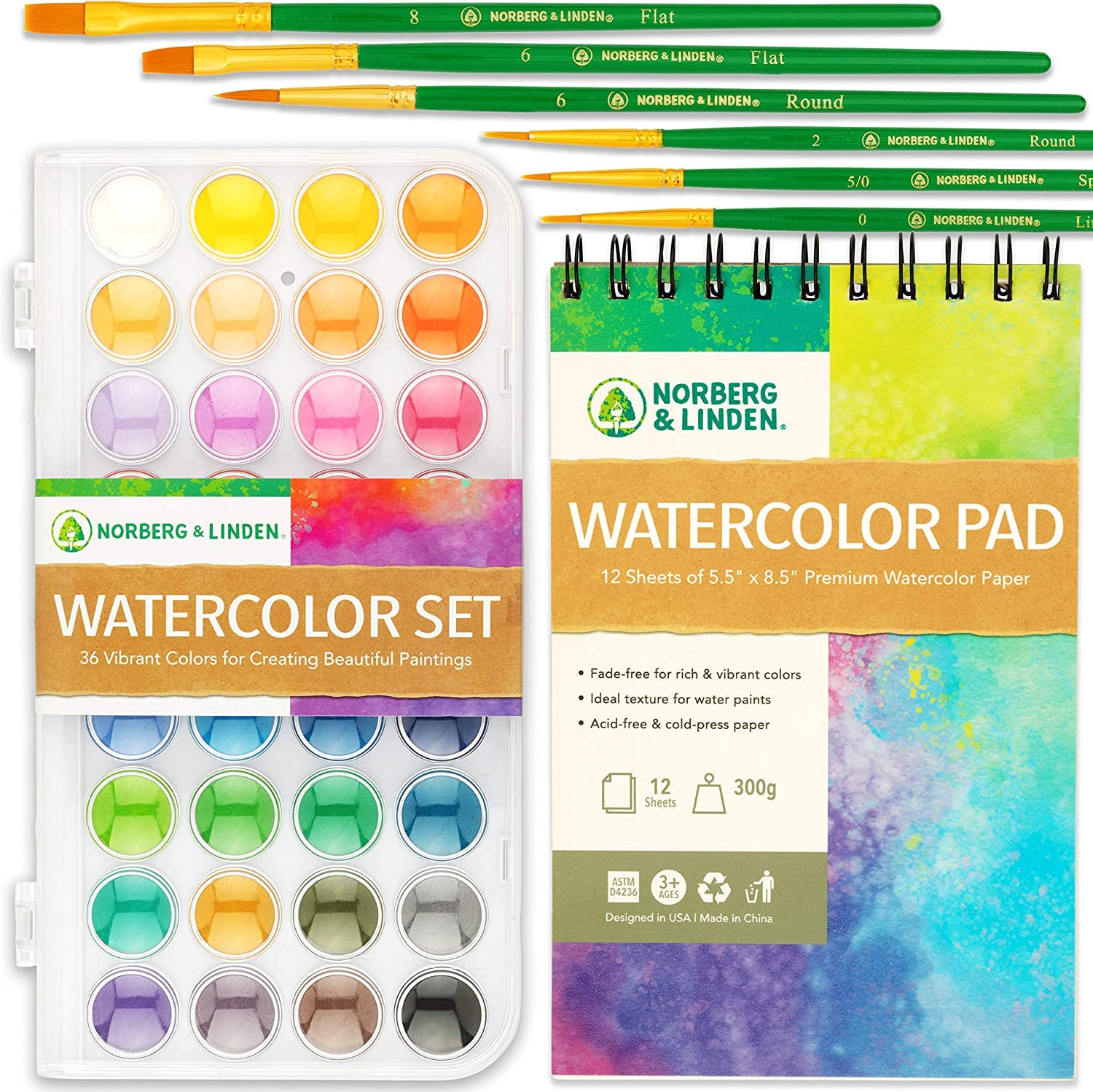 Norberg & Linden Watercolor Paint Set - 36 Premium Paints - 12 Page Pad - 6  Brushes - Painting Supplies