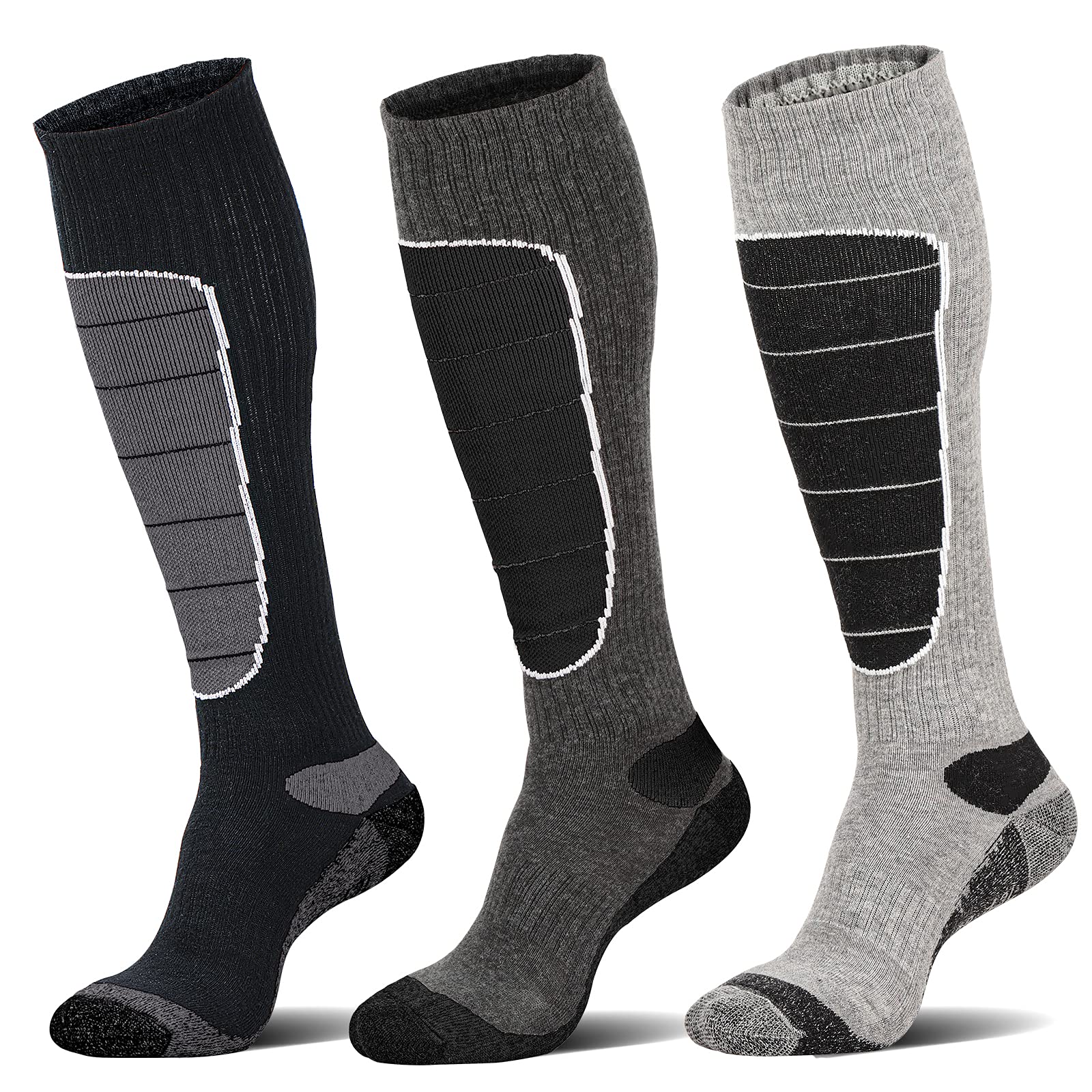 Merino Wool Ski Socks, Cold Weather Socks for Snowboarding, Snow, Winter,  Thermal Knee-high Warm Socks, Hunting X-Large Black Dark Grey Grey (3 Pairs)