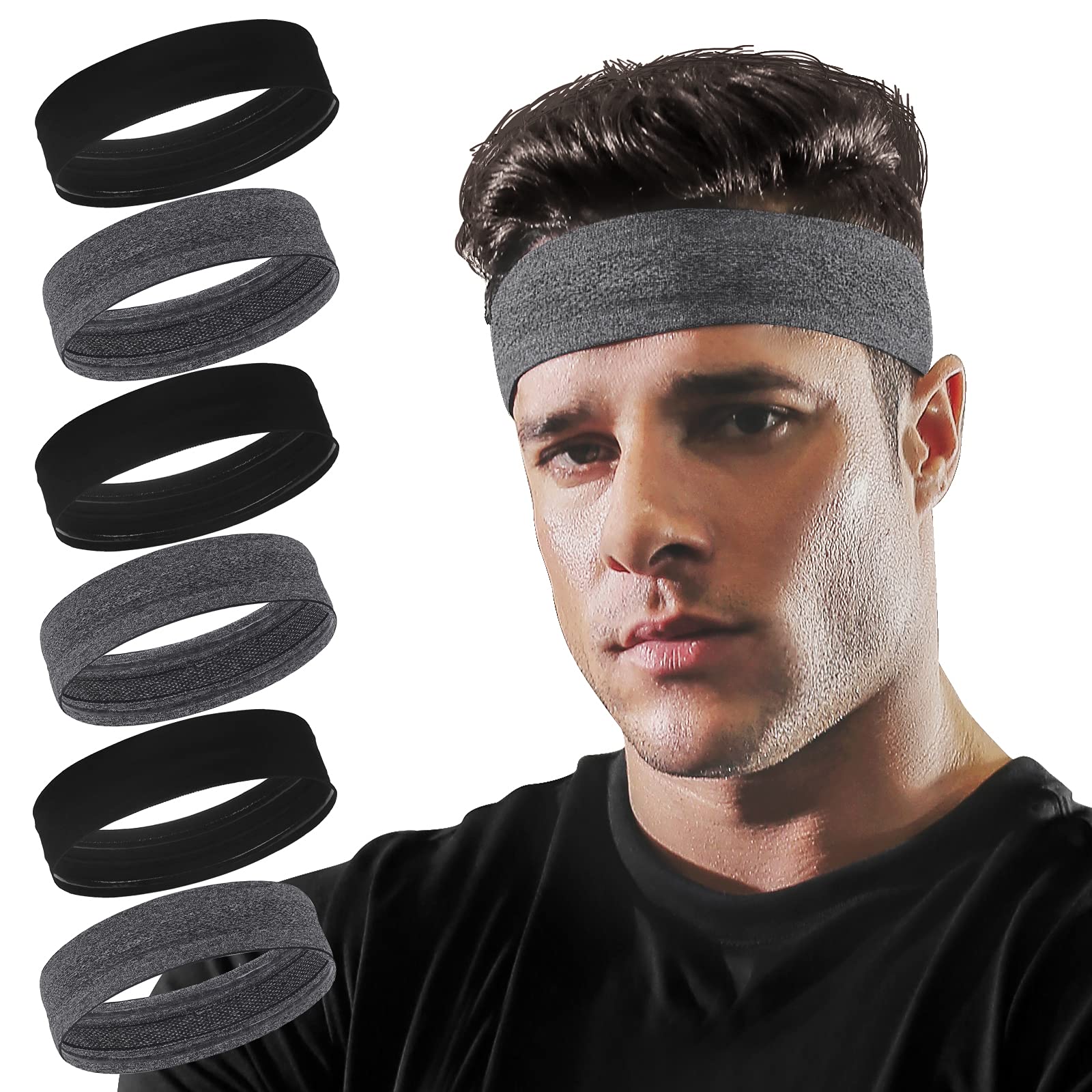 Vsiopy Running Headband for Men Non Slip Workout Sweatbands Adjustable  Sports Headbands Moisture Wicking Workout Headbands 3 Black+3 Grey