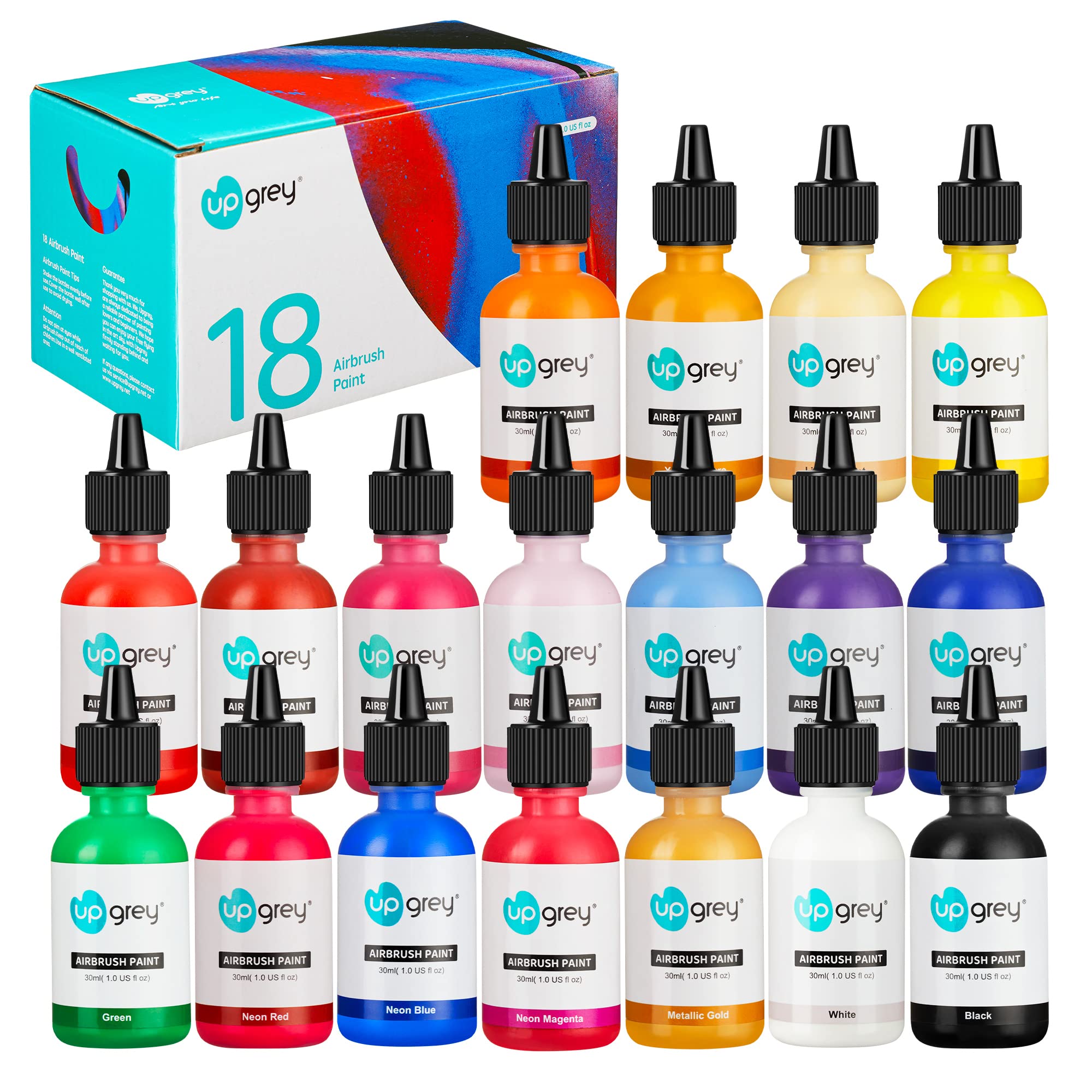 UPGREY Airbrush Paint 18 Color Airbrush Paint Set Opaque & Neon Colors  Water Based Acrylic Airbrush Paint Kit for Artists Painting on Canvas Wood  (18 Colors (30 ml/1 oz))