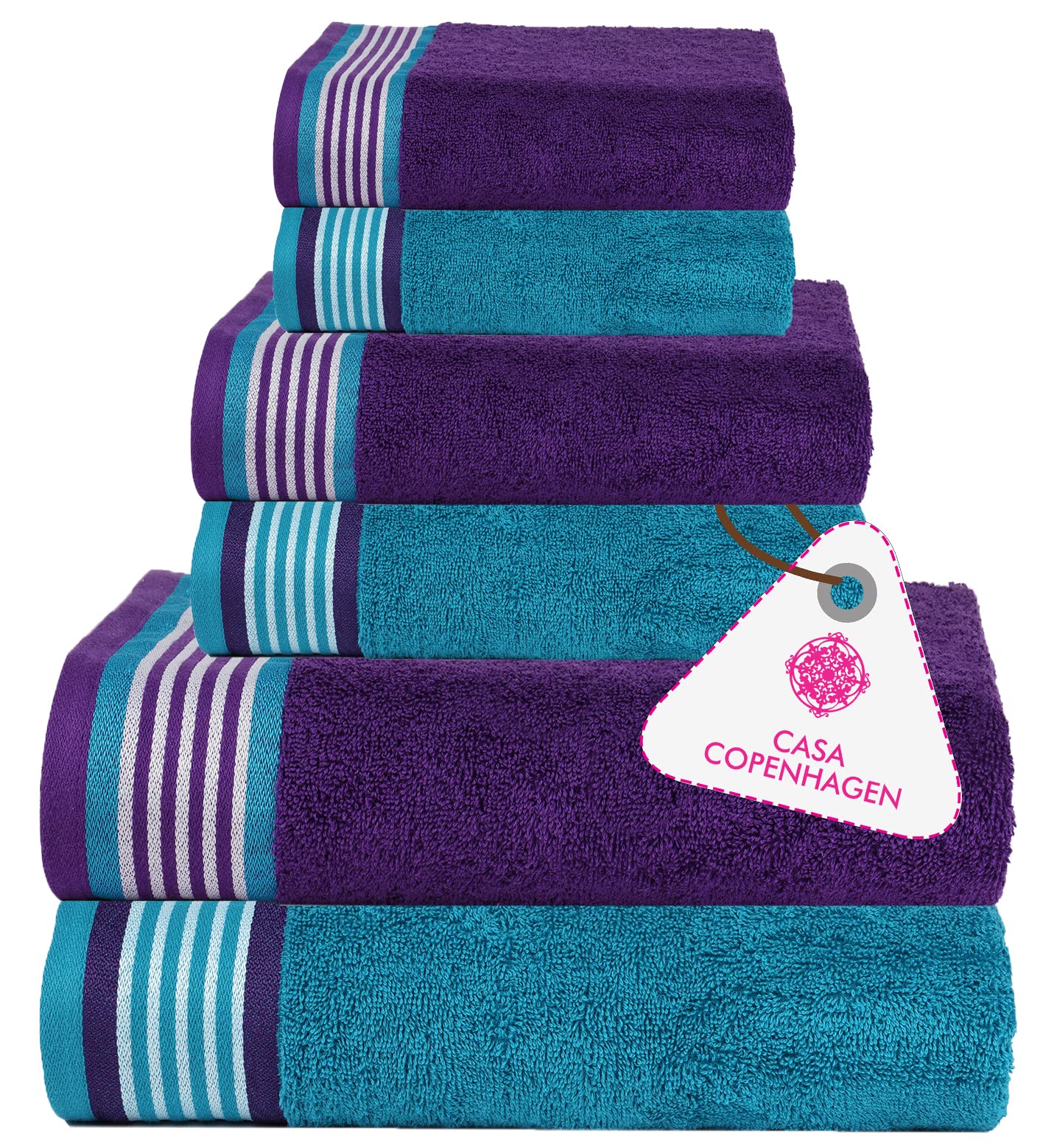 CASA COPENHAGEN Designed in Denmark 550 GSM 2 Large Bath Towels 2 Large  Hand Towels 2 Washcloths Super Soft Egyptian Cotton 6 Towels Set for  Bathroom Kitchen & Shower - Violet Indigo & Teal Green