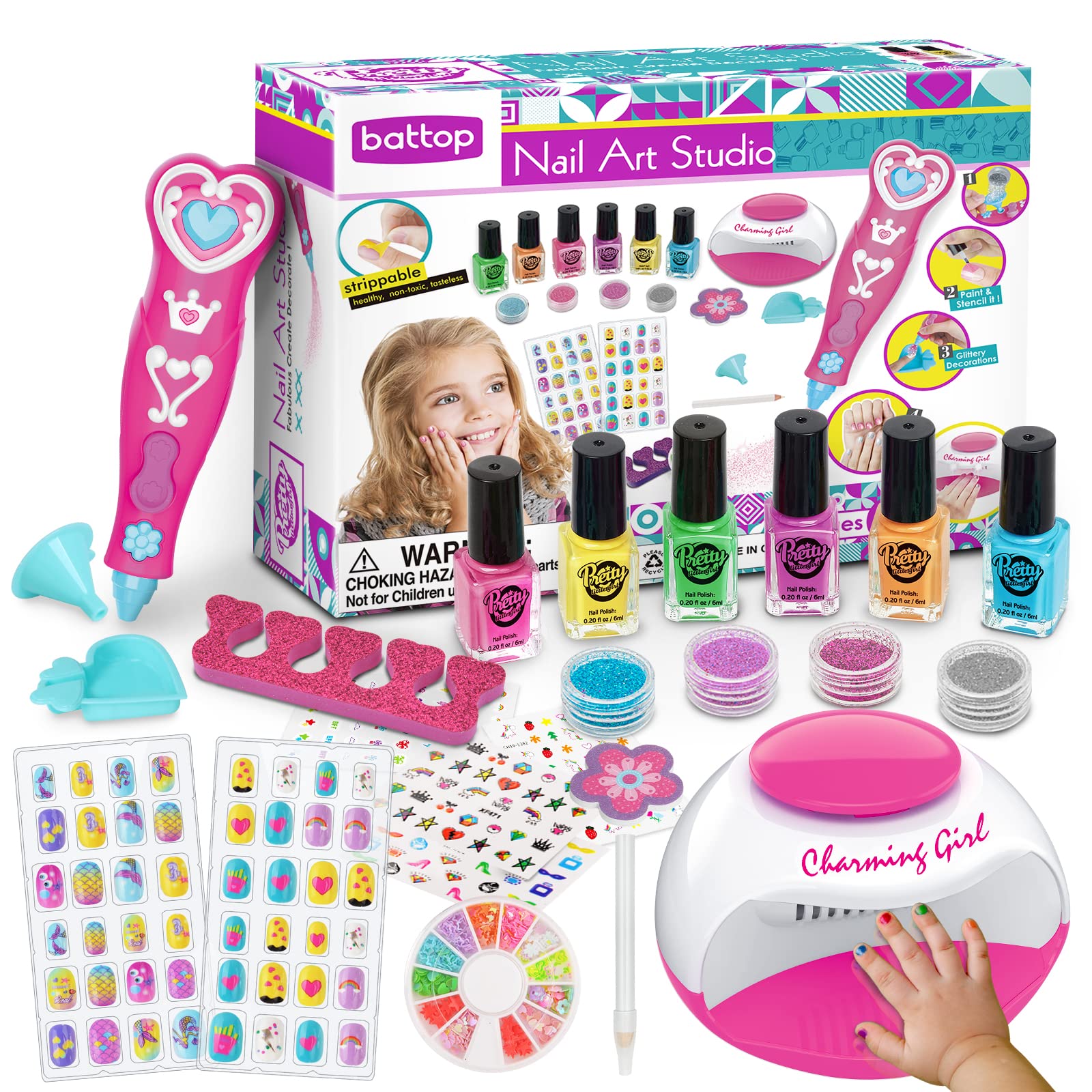 BATTOP Kids Nail Polish Set for Girls Nail Art Kits with Nail Dryer &  Glitter Pen Quick Dry & Peel Off & Non-Toxic Nail Polish Birthday Gifts for Girls  Ages 8-12