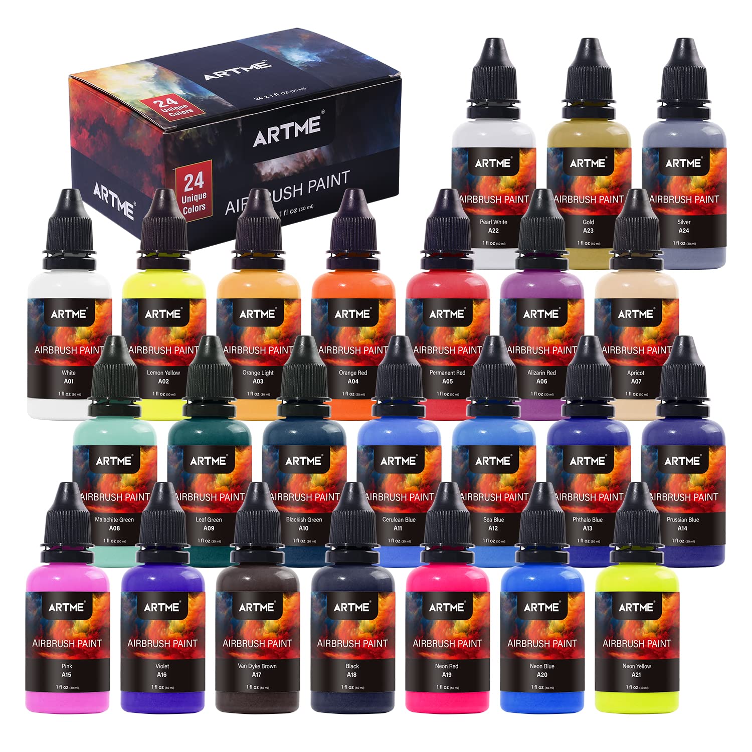 ARTME Airbrush Paint 24 Colors Airbrush Paint Set Include Metallic