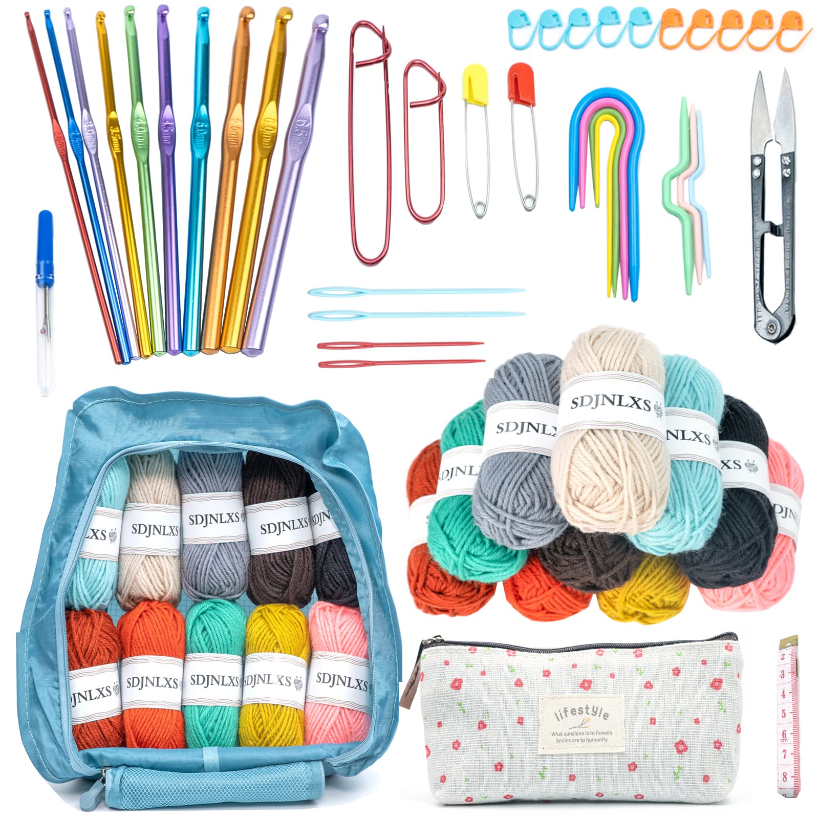 SDJNLXS 50 Piece Crochet Kit for Beginners Crochet Kit with Yarn Set,10  Colors Crochet Yarn,Crochet Hooks,Stitch Markers,Crochet Bag etc,Used to  Relieve Stres Crochet Starter Kit