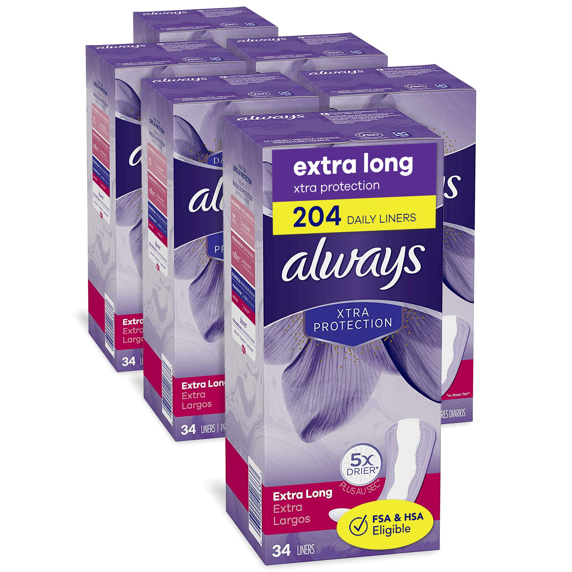 Always Anti-Bunch Xtra Protection Panty Liners For Women Light Absorbency Extra  Long Lenght Multipack Leakguard + Rapiddry Unscented 34 Count X 6 Packs  (204 Count Total)