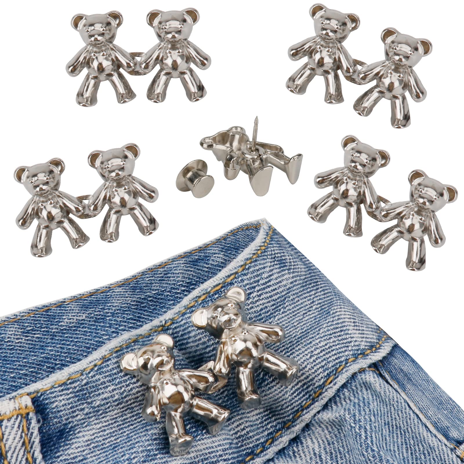 TOOVREN Cute Bear Button Pins for Jeans, No Sew and No Tools Instant Pant  Waist Tightener, Adjustable Jean Buttons Pins for Loose Jeans 4 Sets Jeans  Button Replacement Pant Clips for Waist