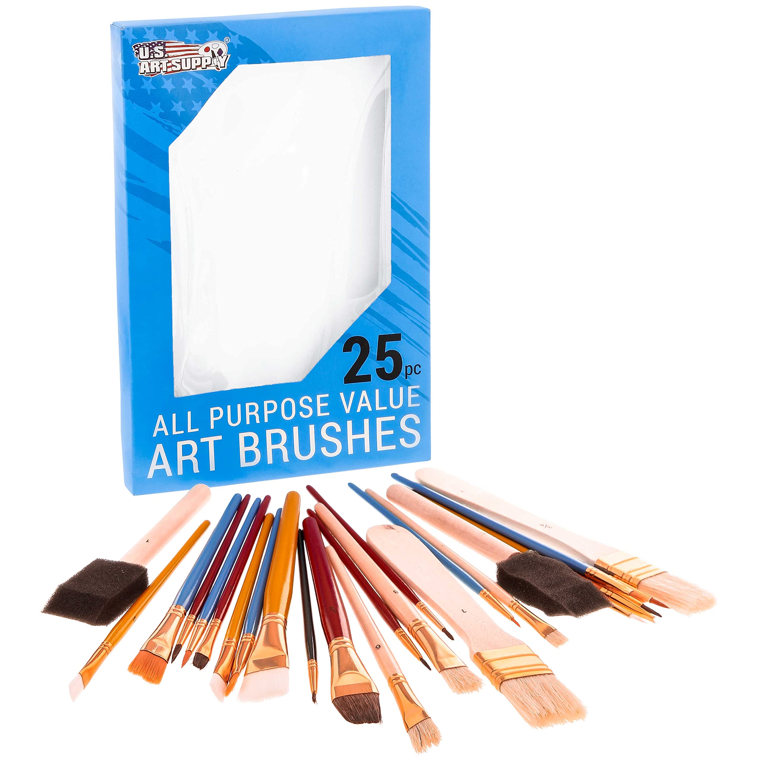 U.S. Art Supply 25-Piece All-Purpose Artist Paint Brush Set - Round Flat  Foam Paintbrushes Use with Acrylic Oil Watercolor for Painting Portraits  Canvas Paper Wood - Kids Students Adults