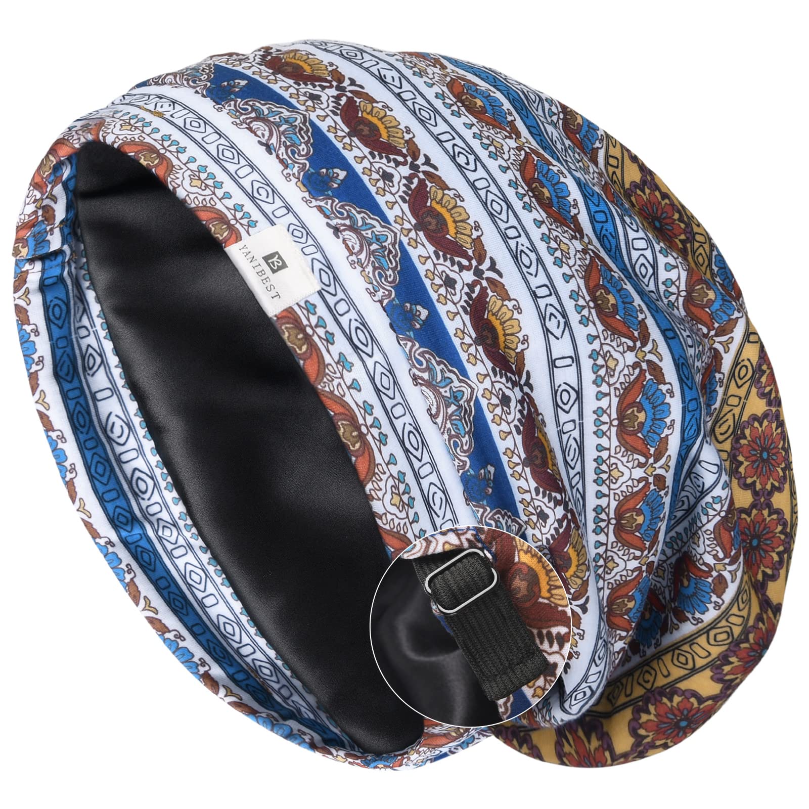 YANIBEST Silk Satin Bonnet Hair Cover Sleep Cap - Adjustable Stay on Silk  Lined Slouchy Beanie Hat for Night Sleeping Large Blue Floral