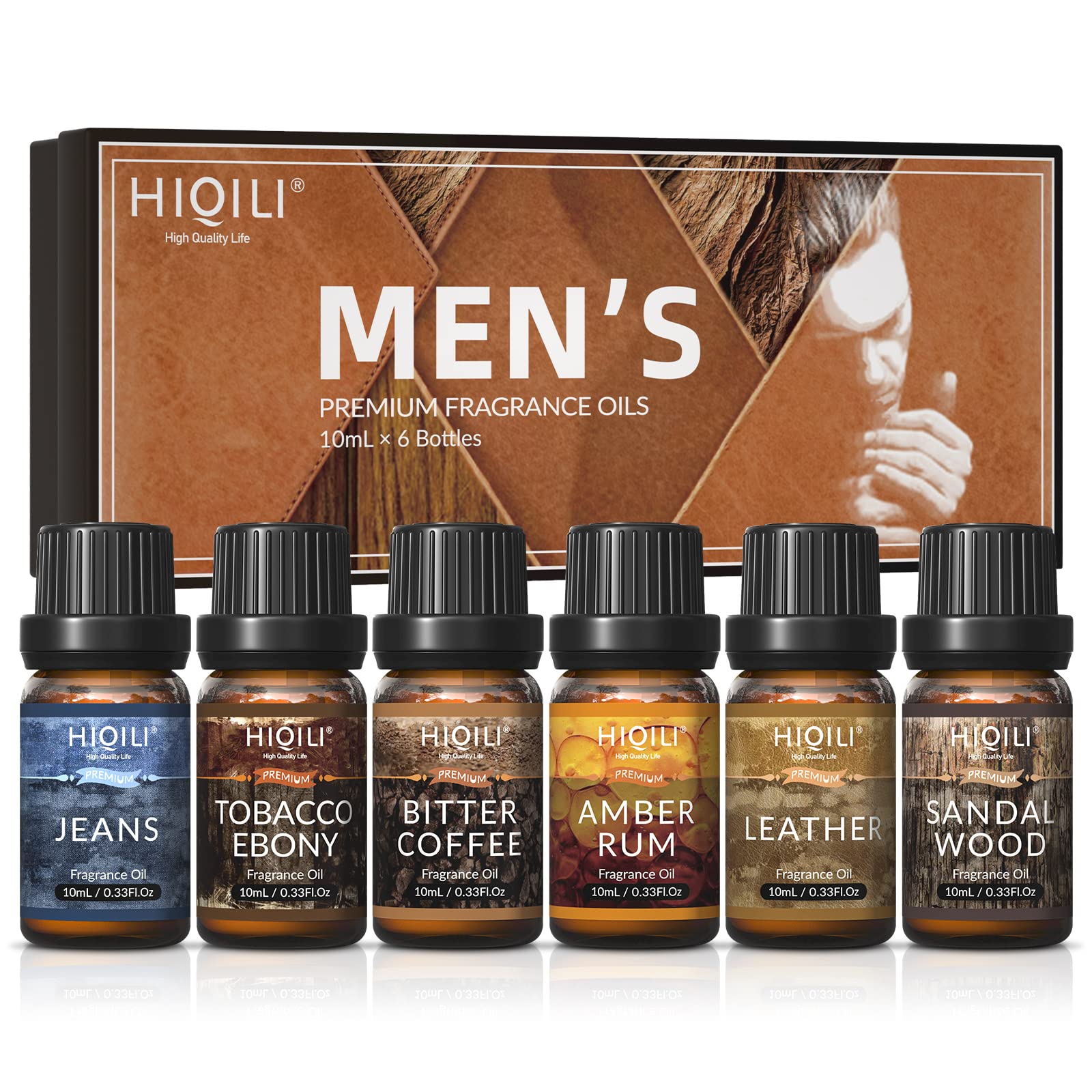 HIQILI Fragrance Oils for Men, Set of 6 Aomatherapy Scented  Oils-Sandalwood, Leather, Coffee, Jeans, Tobacco