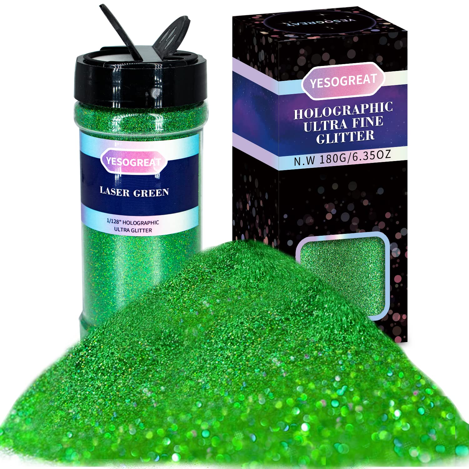Holographic Ultra Fine Glitter, 180G/6.35OZ Resin Laser Glitter Powder,  1/128 0.2mm Metallic Iridescent Glitter for Slime Resin Arts Tumbler  Jewelry Nail Art Makeup Painting Cards (Laser Green)