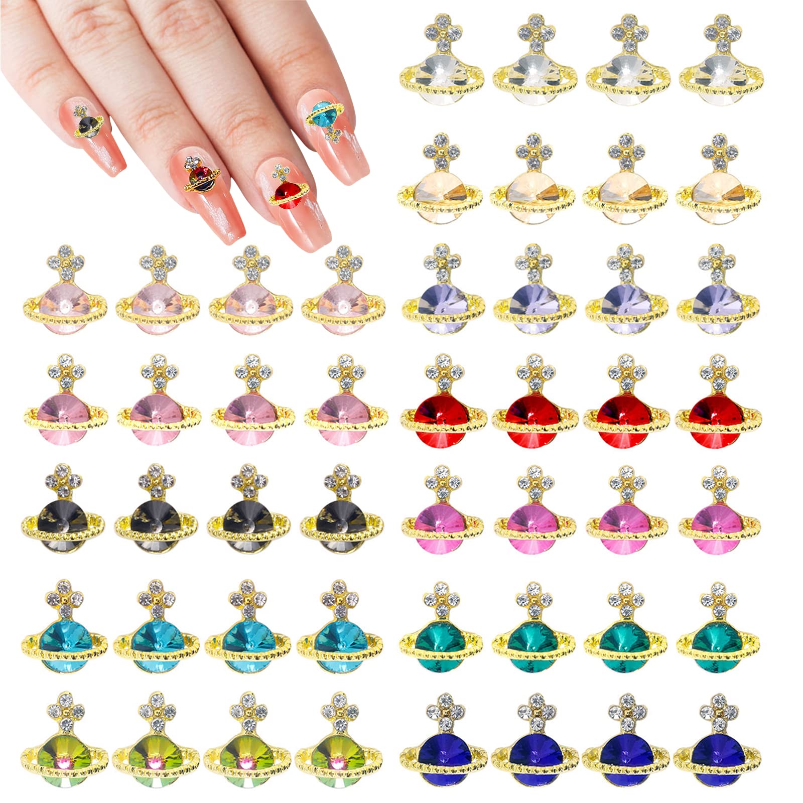 10pcs/Pack Planets Nail Charms Clear Pink Saturn Nail Decorations 3D Shiny  Nail Supplies Rhinestones DIY Nail Design Accessories