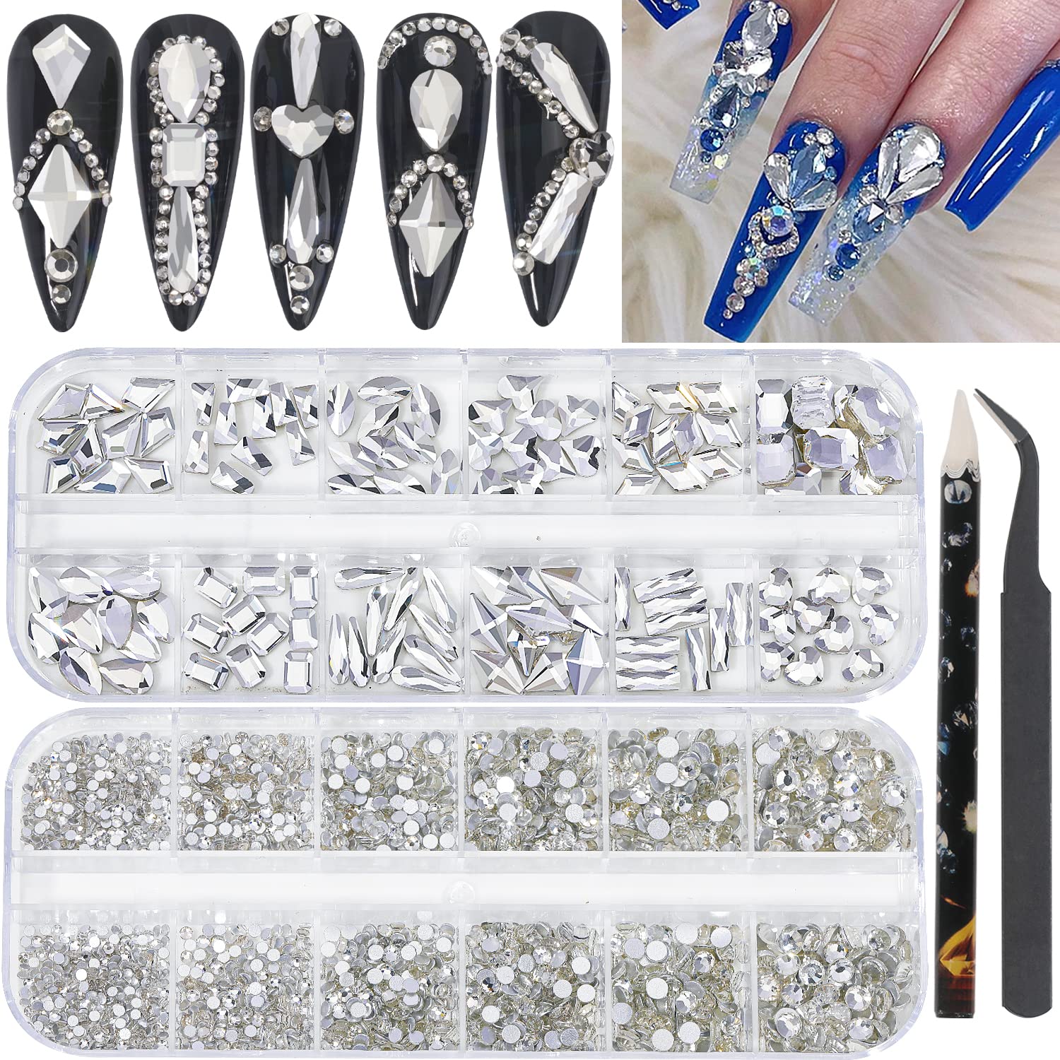 2920Pcs Crystal White Nail Rhinestones Round Crystal Clear Flatback  Rhinestones Multi Shape Nail Gemstones Nail Glass Crystals Diamonds Jewelry  for Nail Design Nail Rhinestones for Acrylic Nails kit