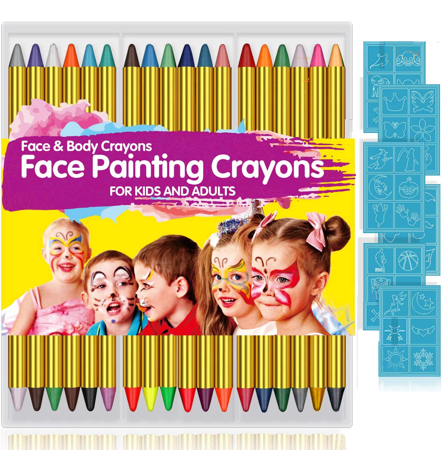 Face Paint Crayons for Kids, 36 Makeup Sticks & 36 Stencils, Professtional  Face Painting kit for