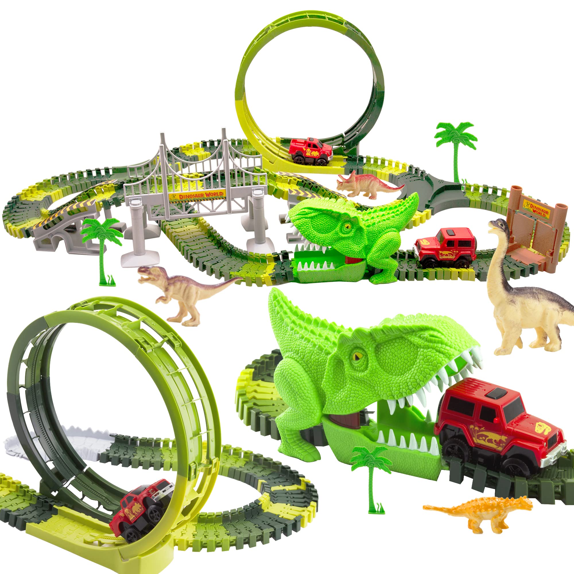  Dinosaur Toys,Create A Dinosaur World Road Race,Flexible Track  Playset and 2 pcs Cool Dinosaur car for 3 4 5 6 Year & Up Old boy Girls  Best Gift : Toys & Games