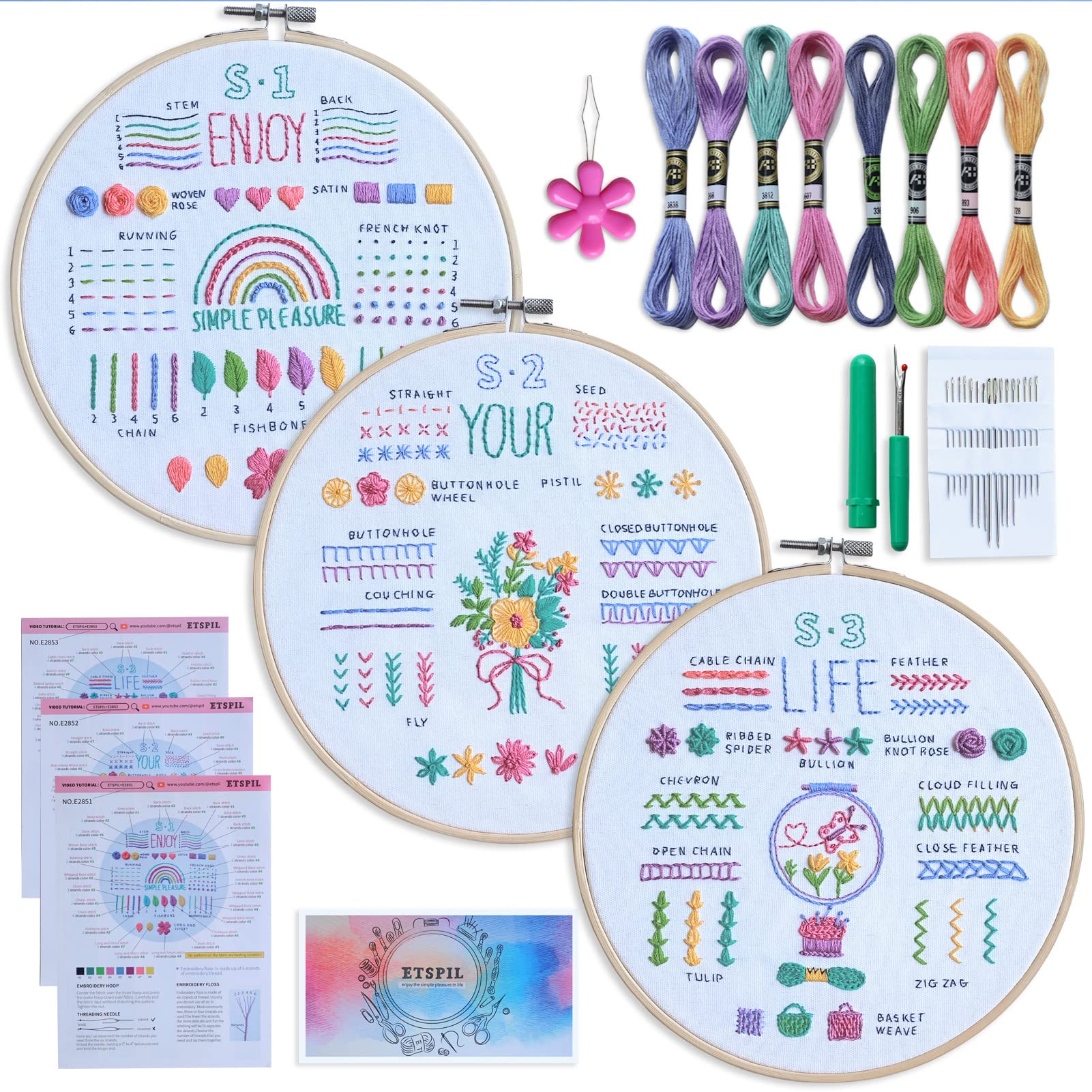 chfine 3 Sets Embroidery Stitches Practice Kit, Learn 23 Different Stitches Embroidery Kit for Beginners with Hoop Tools & Videos for DIY Craft