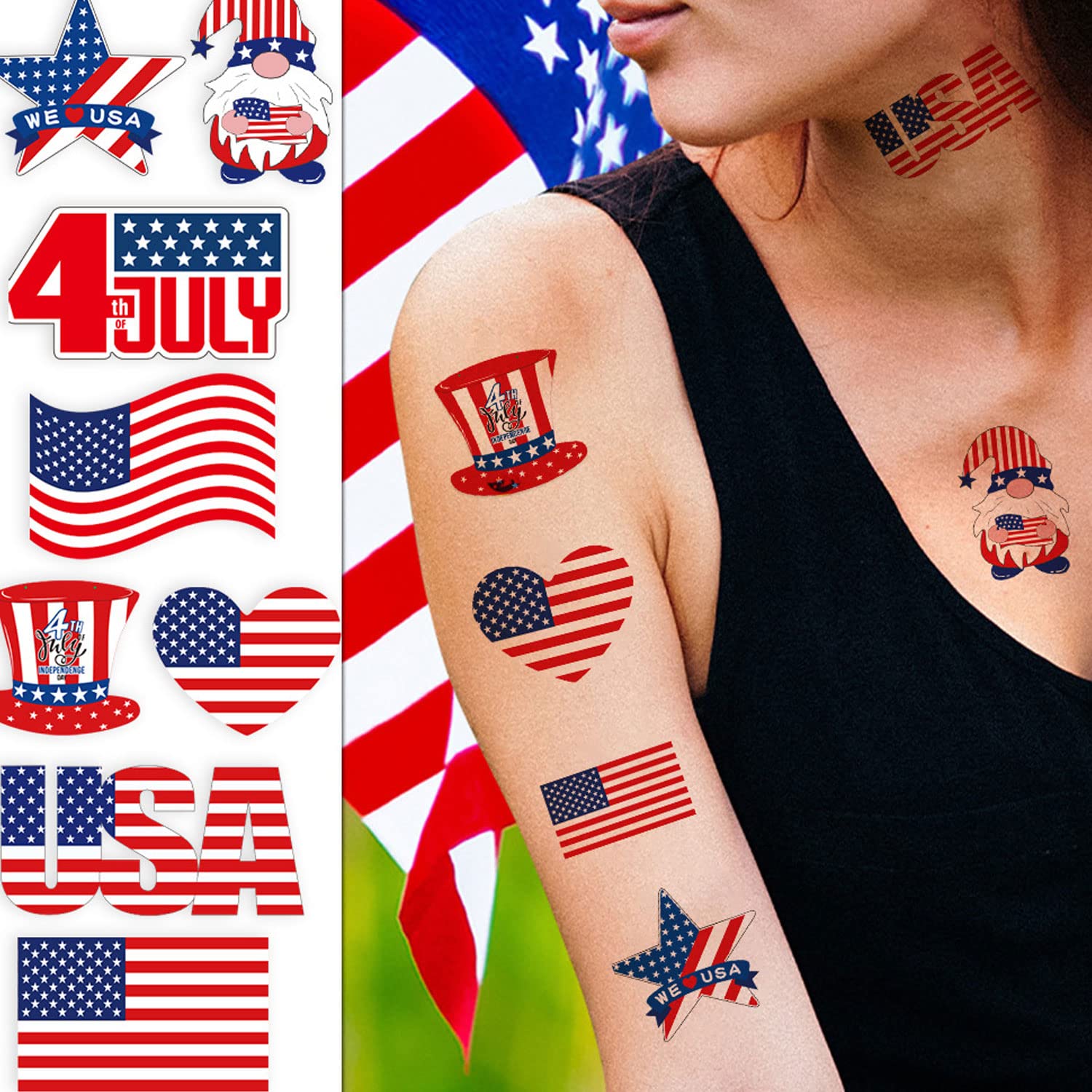 RainFlowwer 4th of july Temporary Tattoo for Adults Kids Independence Day  Sleeve tattoo USA Flag Full Arm tattoo Blue Red White Fake Tattoos