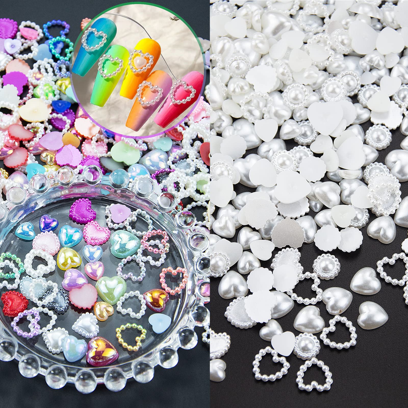 Mixed Hollo Pearls Nail Charms Half Round Pearl Decorations Heart