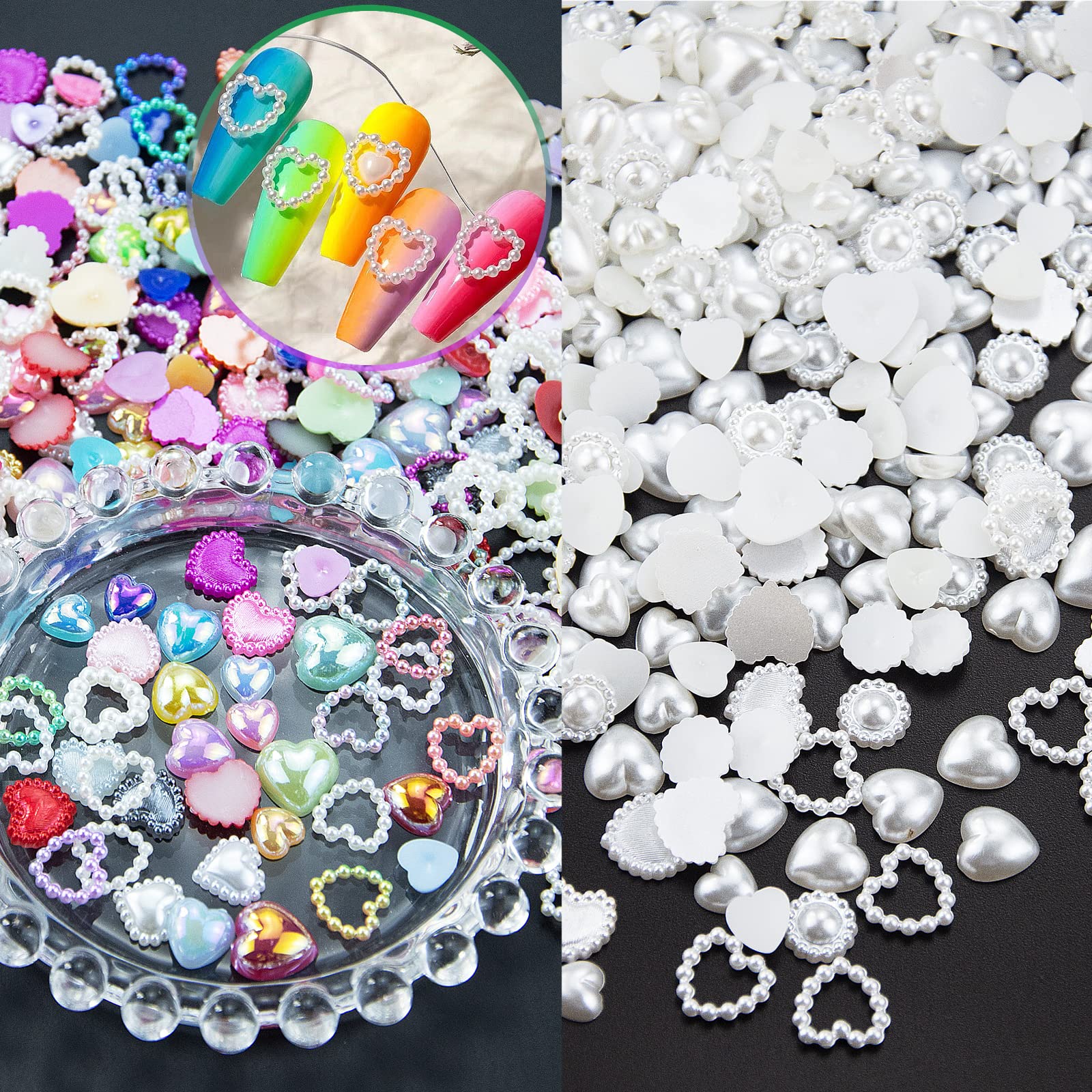 500Pcs Mixed Styles AB Color Half Pearls Heart Nail Beads Flatback Hollow  White Assorted Pearls Heart