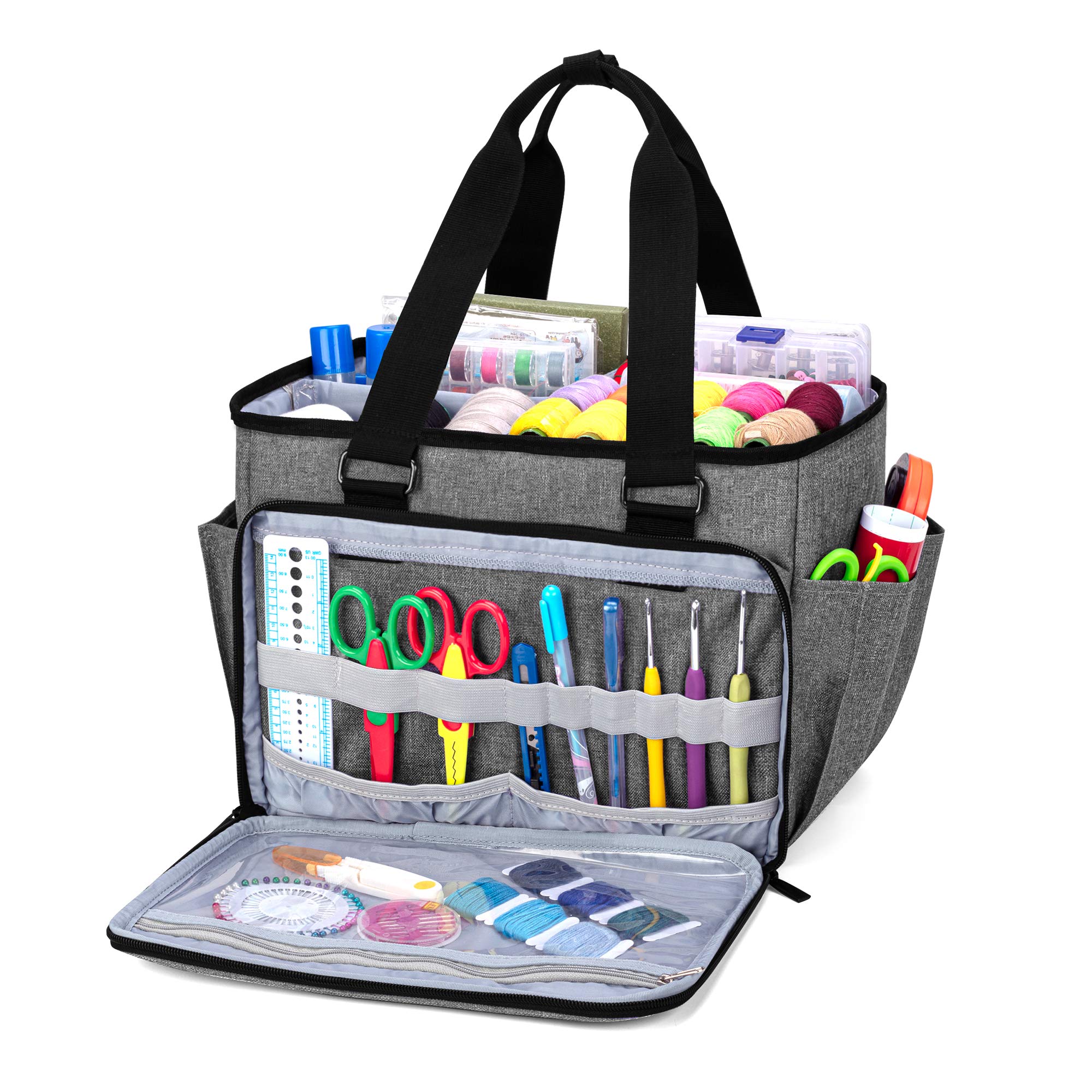 YARWO Sewing Accessories Organizer Craft Storage Tote Bag with Pockets for Sewing  Accessories and Craft Supplies Gray