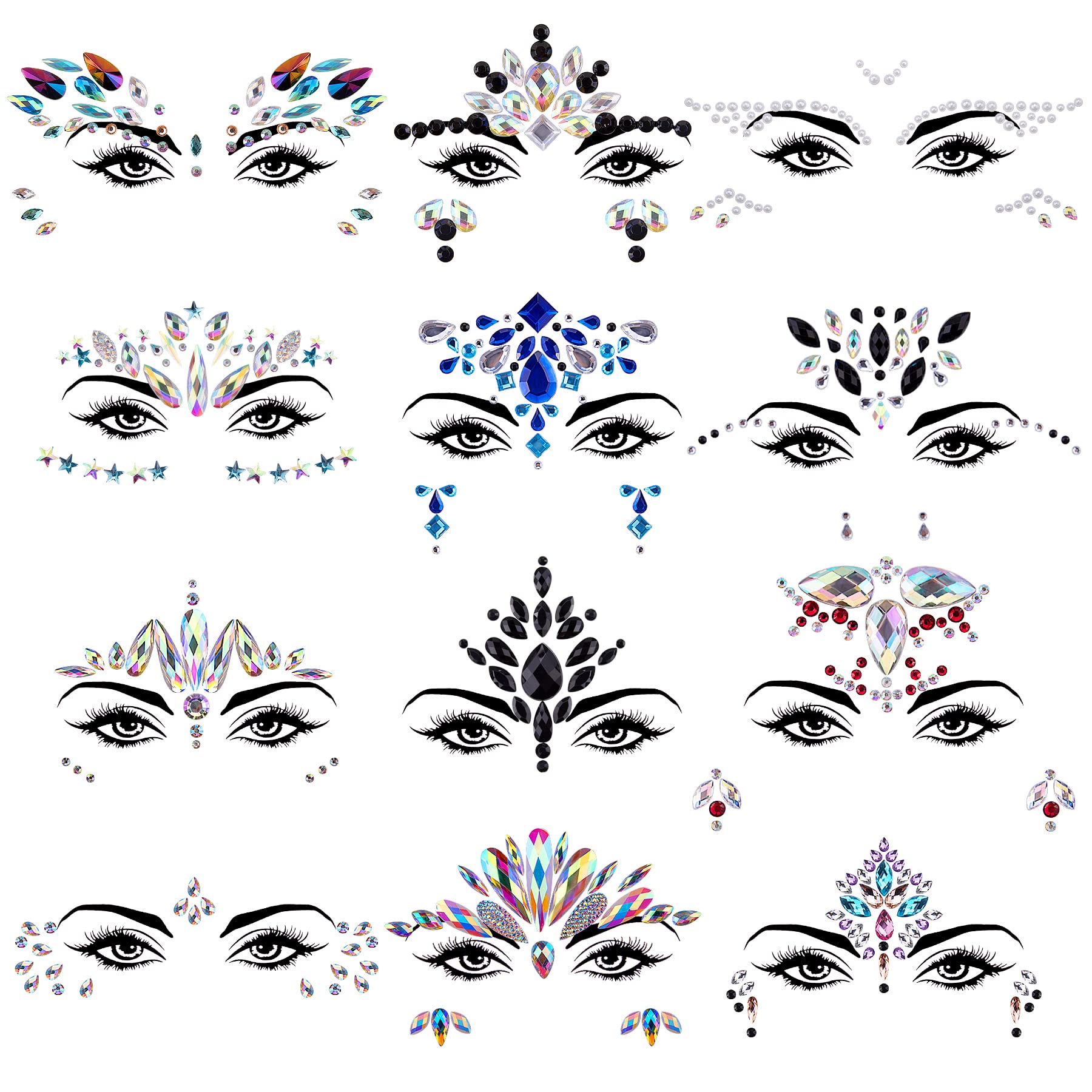 SIQUK 12 Sets Face Jewels Stick On Rhinestones Sticker Face Gems Face  Crystals Self Adhesive Face