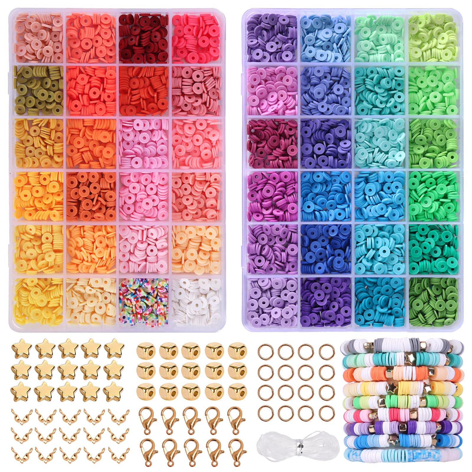 QUEFE 4800pcs Clay Beads for Bracelet Making Kit 48 Colors Flat Round  Polymer Clay Beads Spacer Heishi Beads for Jewelry Making Kit for Girls  8-12 Preppy Gift Pack