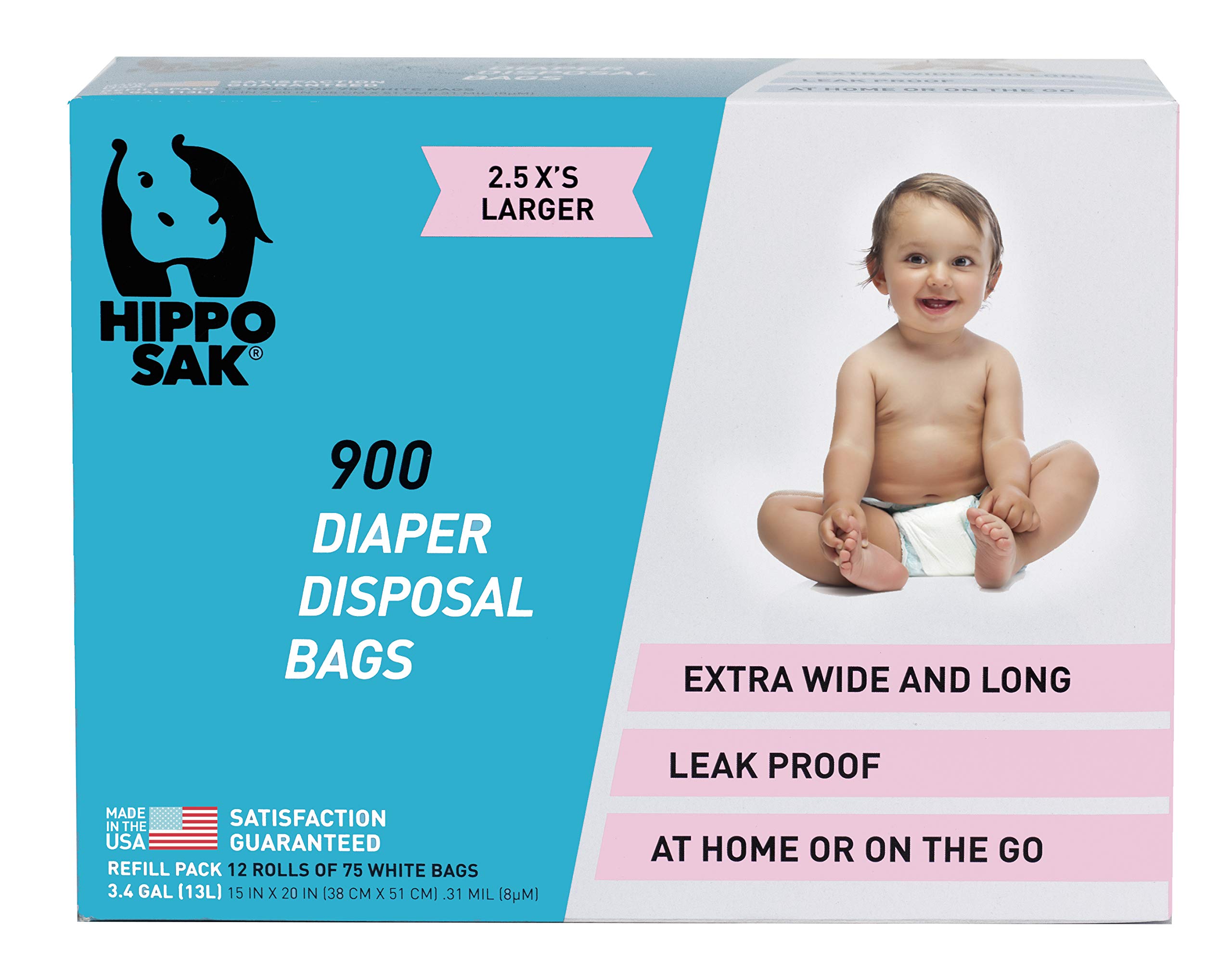 Hippo Sak Diaper Disposal Bags, 900 Count, White , 15x20 Inch