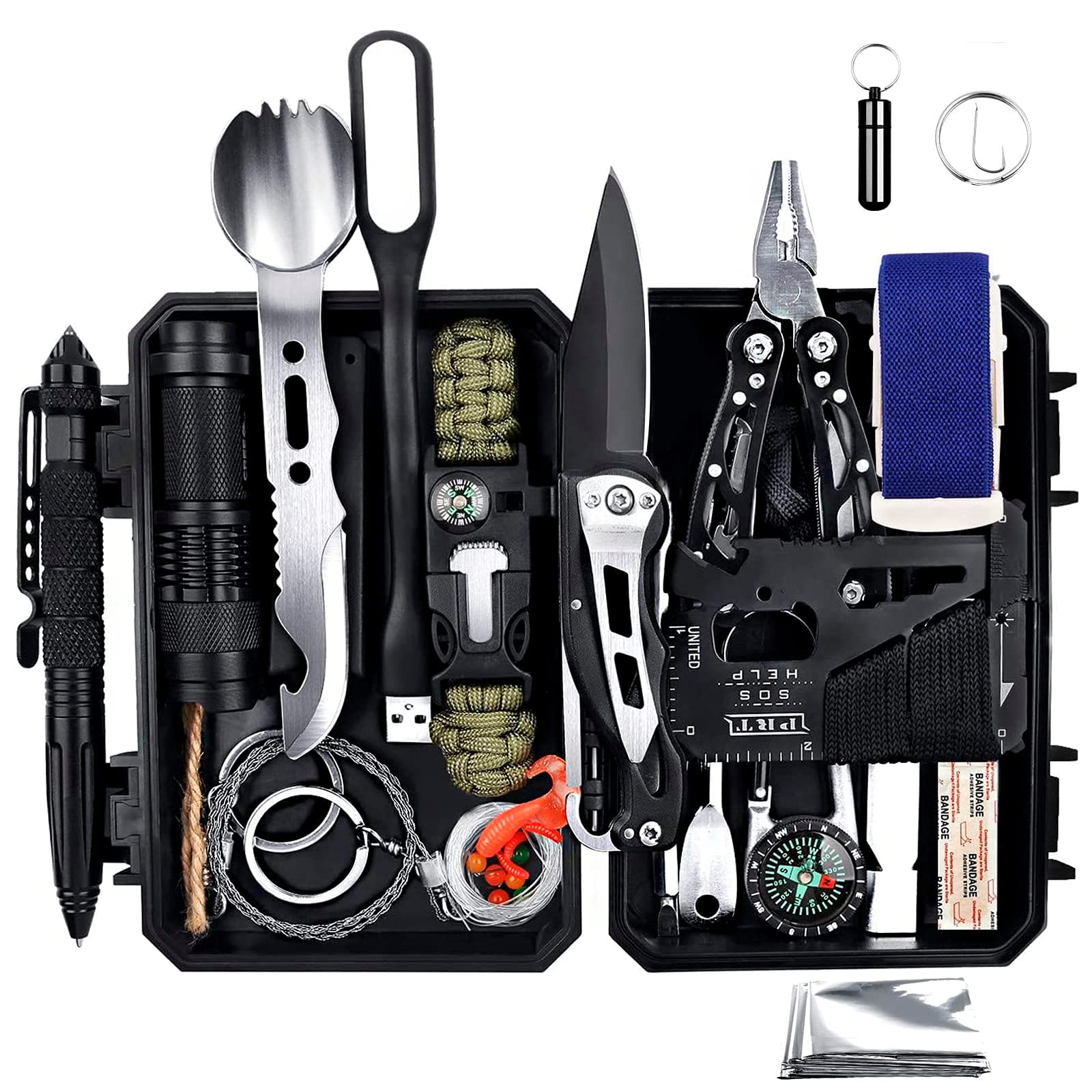 ANTARCTICA Emergency Survival Gear Kits 60 in 1, Outdoor Survival Tool with  Emergency Bracelet Whistle Flashlight Pliers Pen Wire Saw for Camping,  Hiking, Climbing,Car