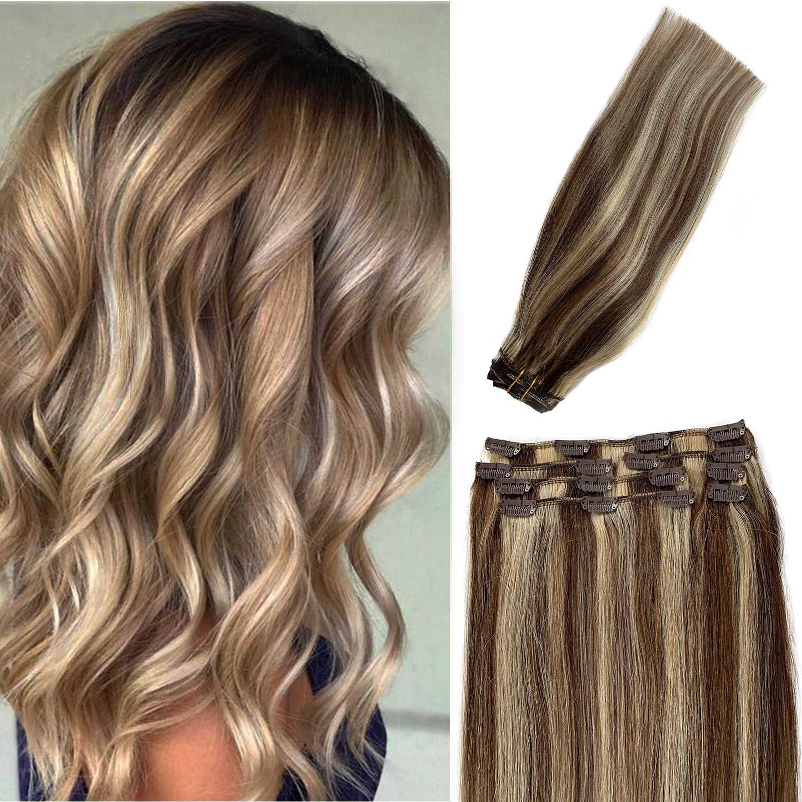 Remy Clip in Hair Extensions Blonde with Brown Balayage Clip ins Extensions  Human Hair Silky Straight 15 Inch Short Clip on Extension Blonde Highlights  on Brown Hair 70Gram(#4/613) 15 Inch #04P613 Brown