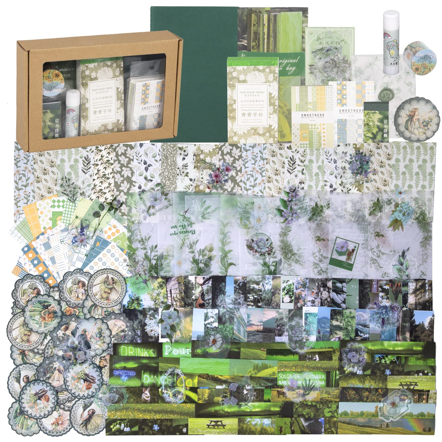 378pcs Scrapbook Kit Green Vintage Scrapbook Paper Aesthetic Scrapbook  Stickers Floral Plant Sticker Craft Paper Scrapbooking Supplies Stationery  A5 Notebook Tape Girls Women Bullet Junk Journal Kit Luxuriant Green