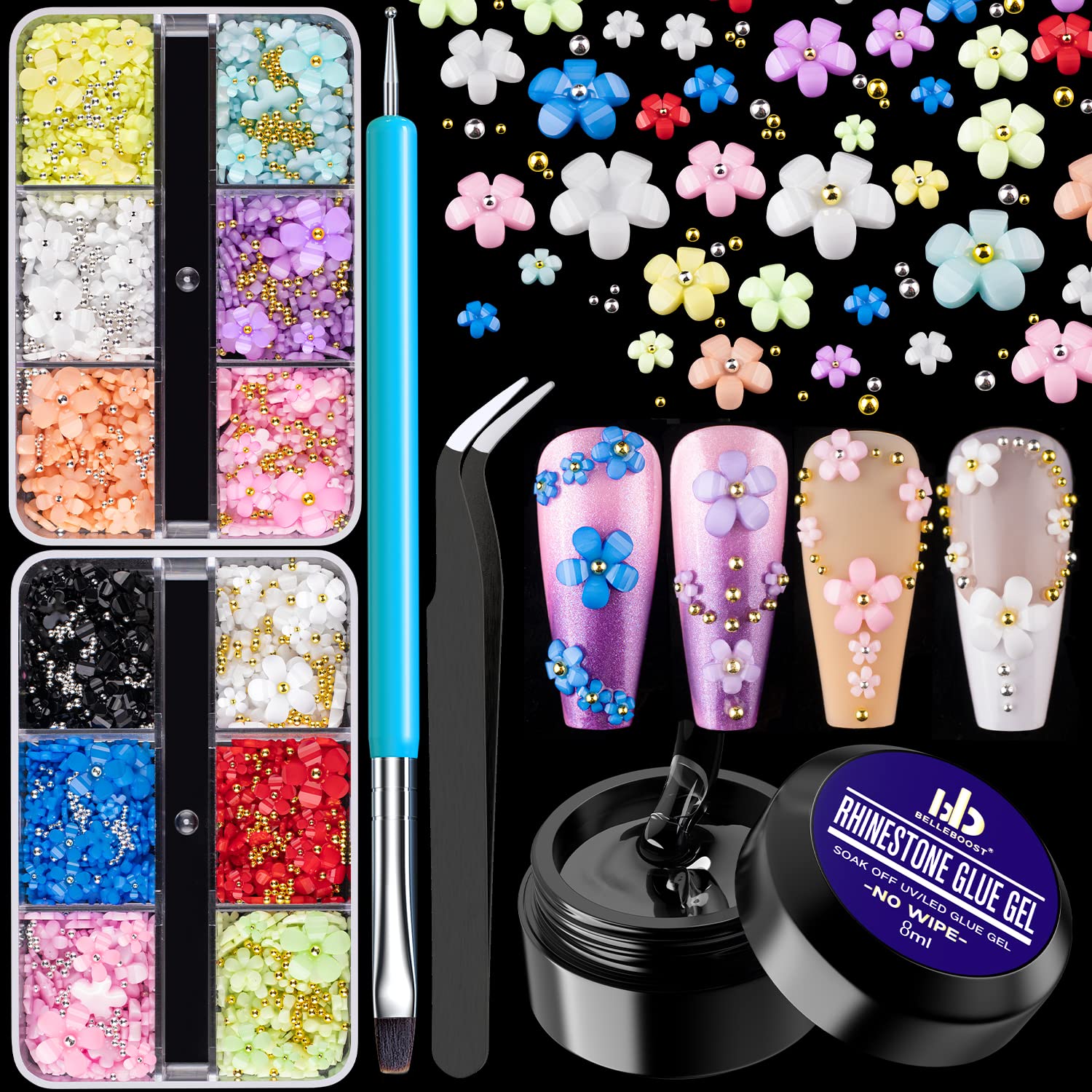 LoveOurHome 4 Boxes 3D Flower Nail Charms Colorful Blossom Studs Nail  Supplies with Gold Silver Pearl Caviar Beads Manicure Decorations for Gel