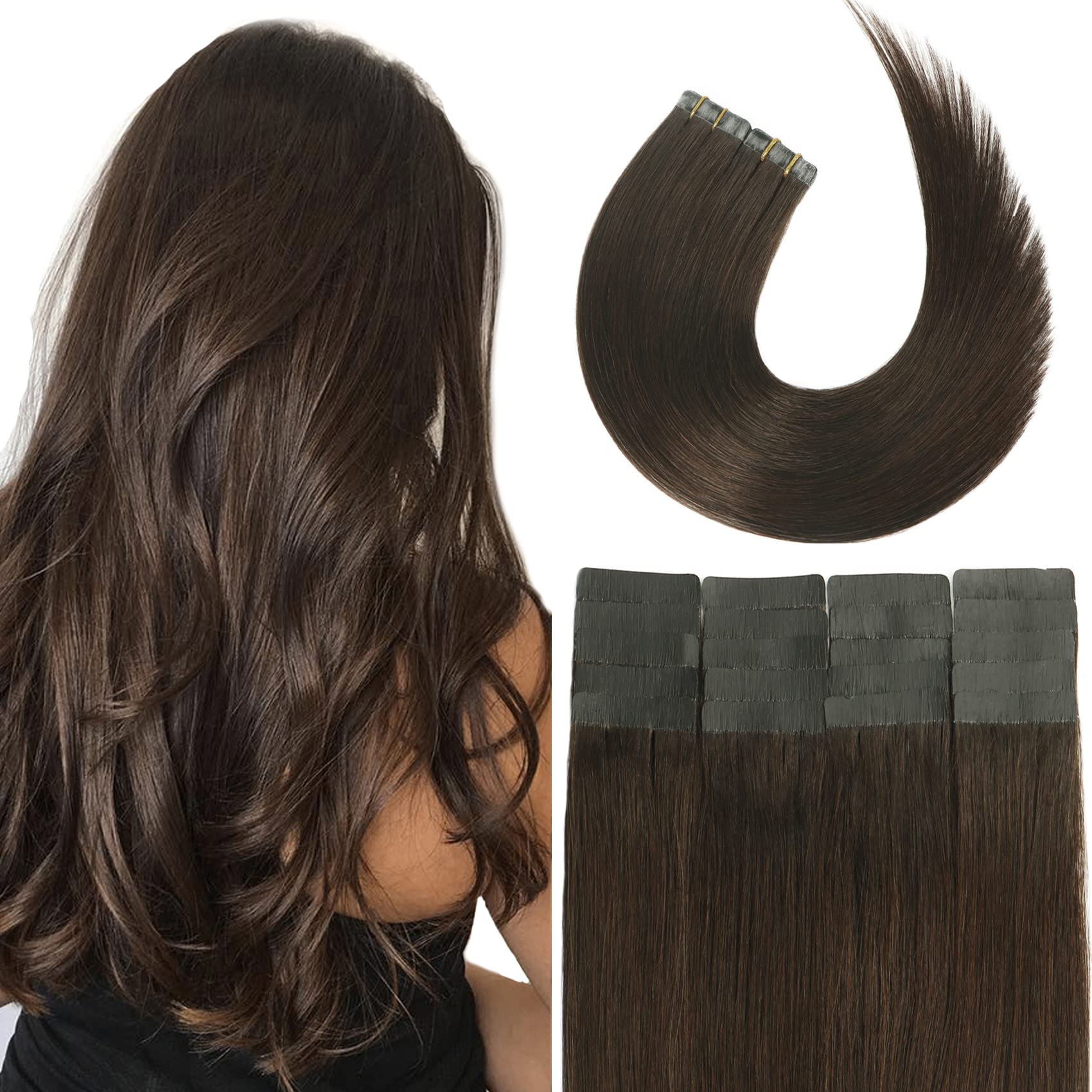 Tape in Hair Extensions 2 Dark Brown 100 Remy Human Hair Extensions Silky  Straight for Fashion Women 20 PcsPackage(18Inch 2 40g) 18 Inch 2 Dark brown