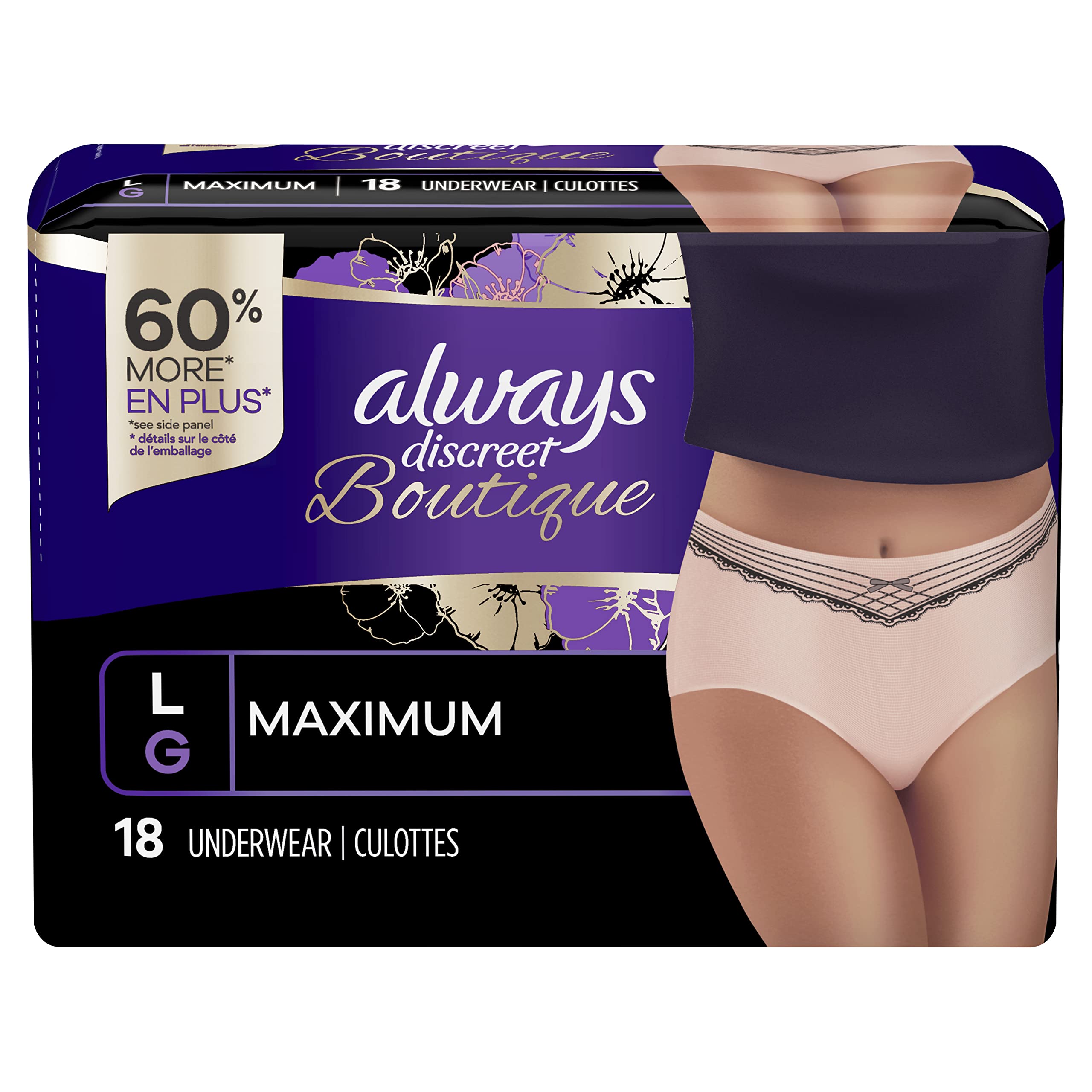 Always Discreet Boutique Low-Rise Postpartum Incontinence Underwear Size  S/M Maximum Absorbency, Up to 100% Leak Protection, Black, 12 Count (Pack  of