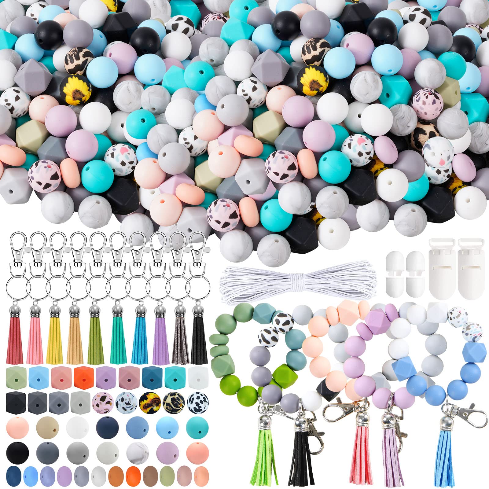 BOZUAN 149 PCS 15MM Silicone Beads for Keychain Making Kit