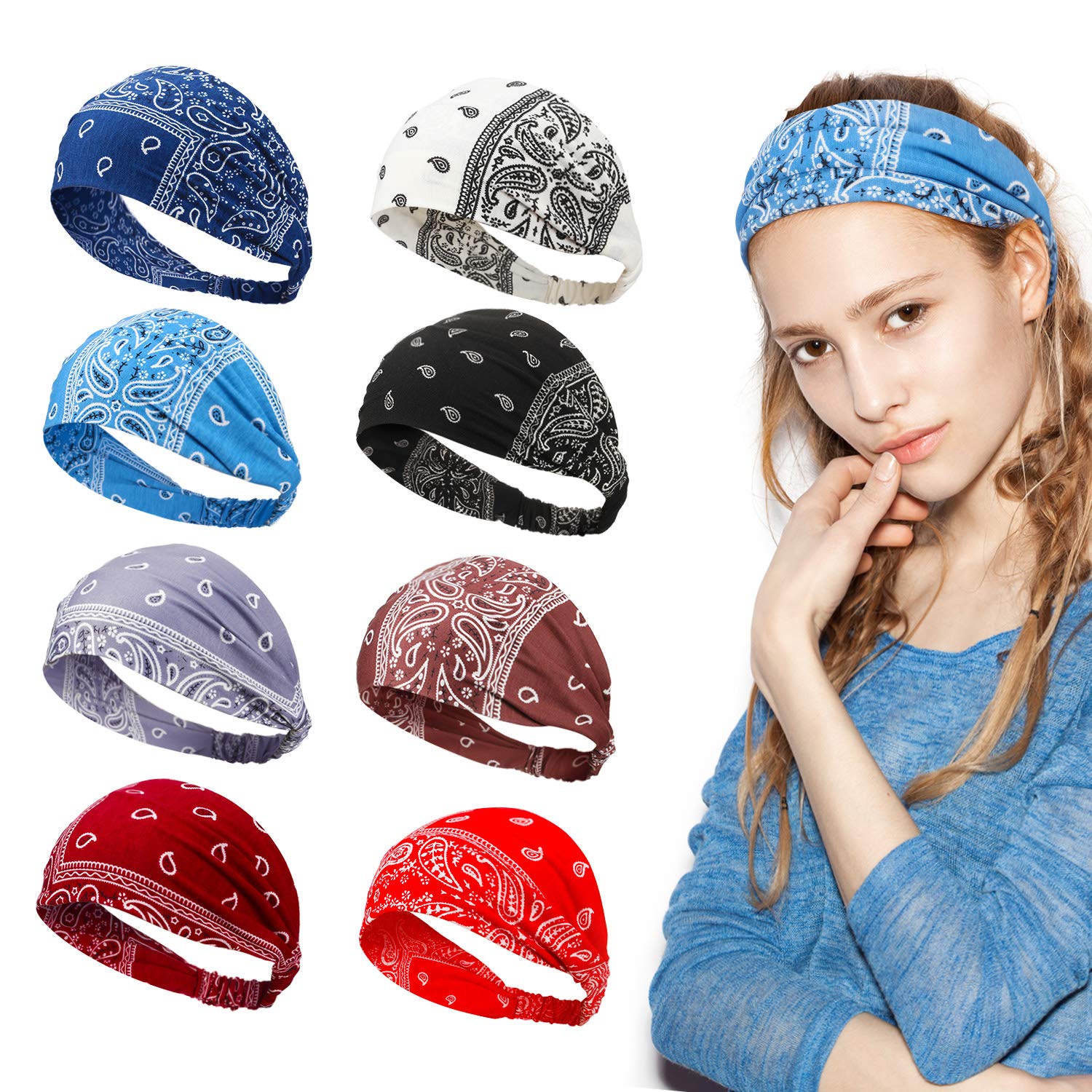 8 Pieces Boho Bandana Headbands Elastic Paisley Headbands Stretchy Yoga  Headwraps Vintage Wide Hairbands Cute Hair