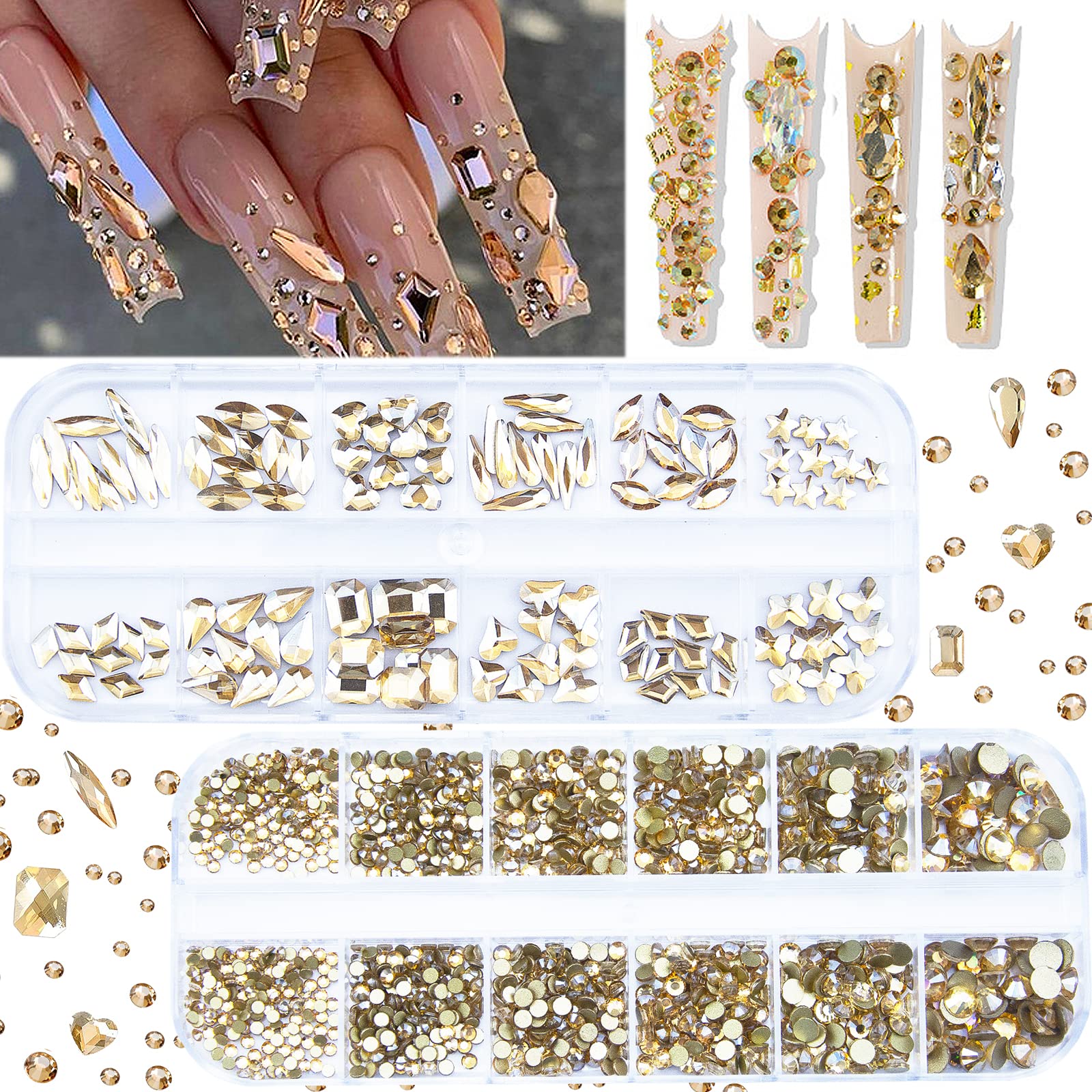 2120Pcs Champagne Gold Crystal Nail Rhinestones Round Beads Flatback Glass  Gems Stones Multi Shapes Sizes Gold