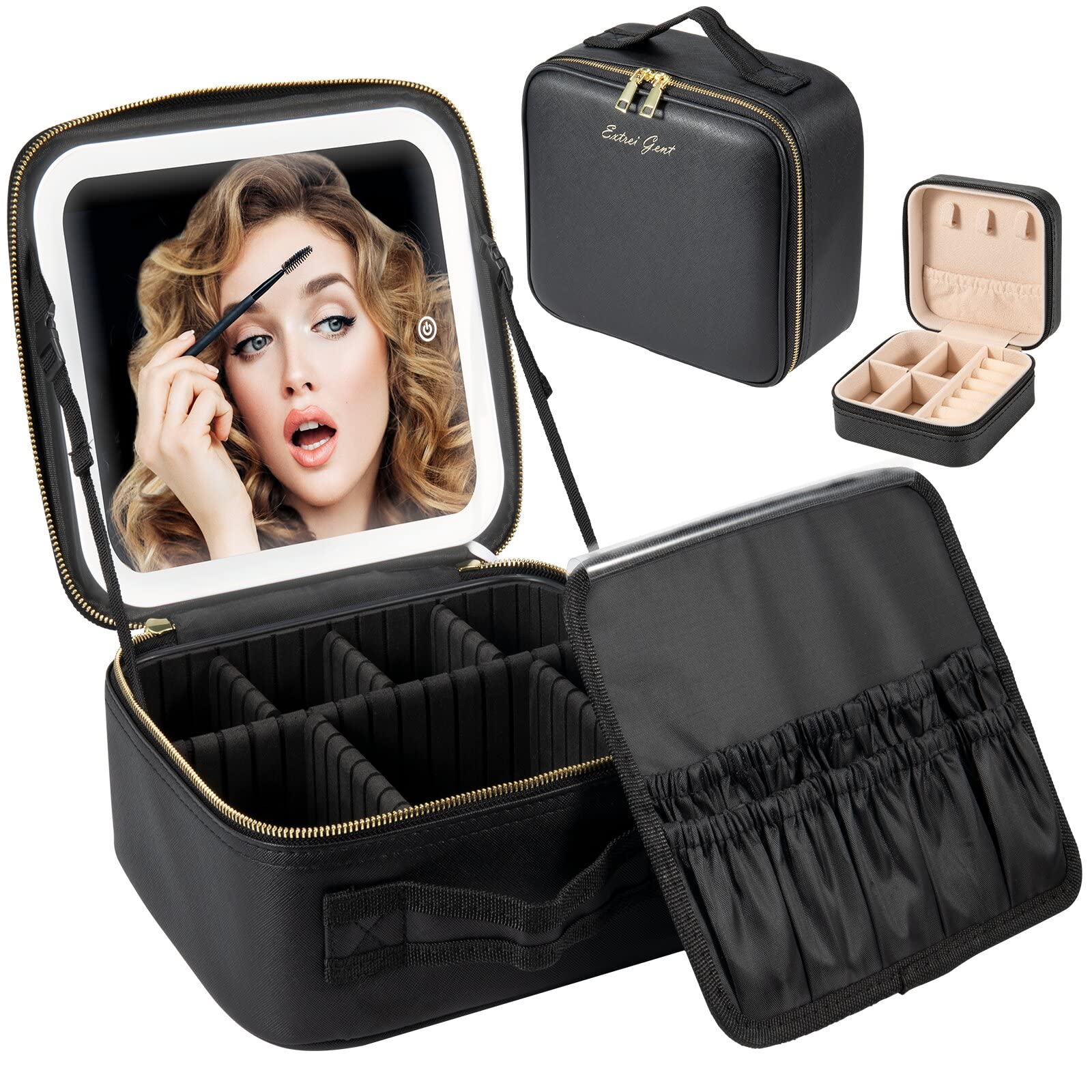 Extrei Gent Makeup Travel Train Case with Mirror LED Light 3 Adjustable  Brightness Cosmetic Bag Portable Storage Adjustable Partition Waterproof  Makeup Brushes Makeup Jewelry Gift for Women Black