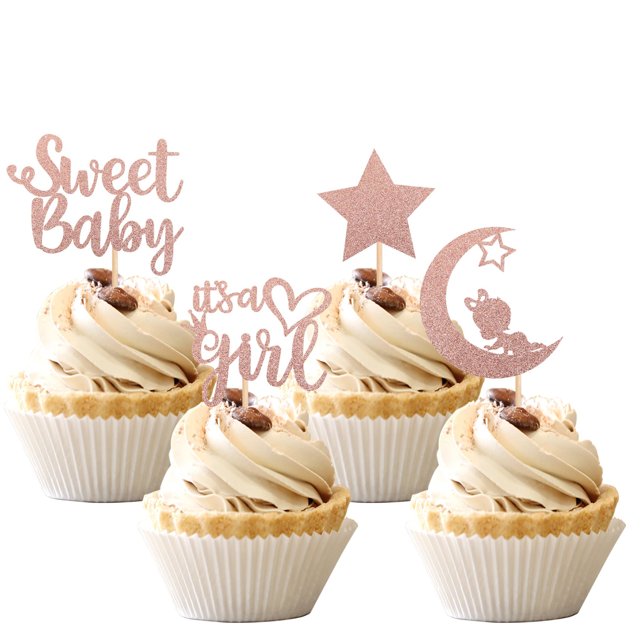 36 PCS Baby Shower Girl Cupcake Toppers with Moon Glitter Star