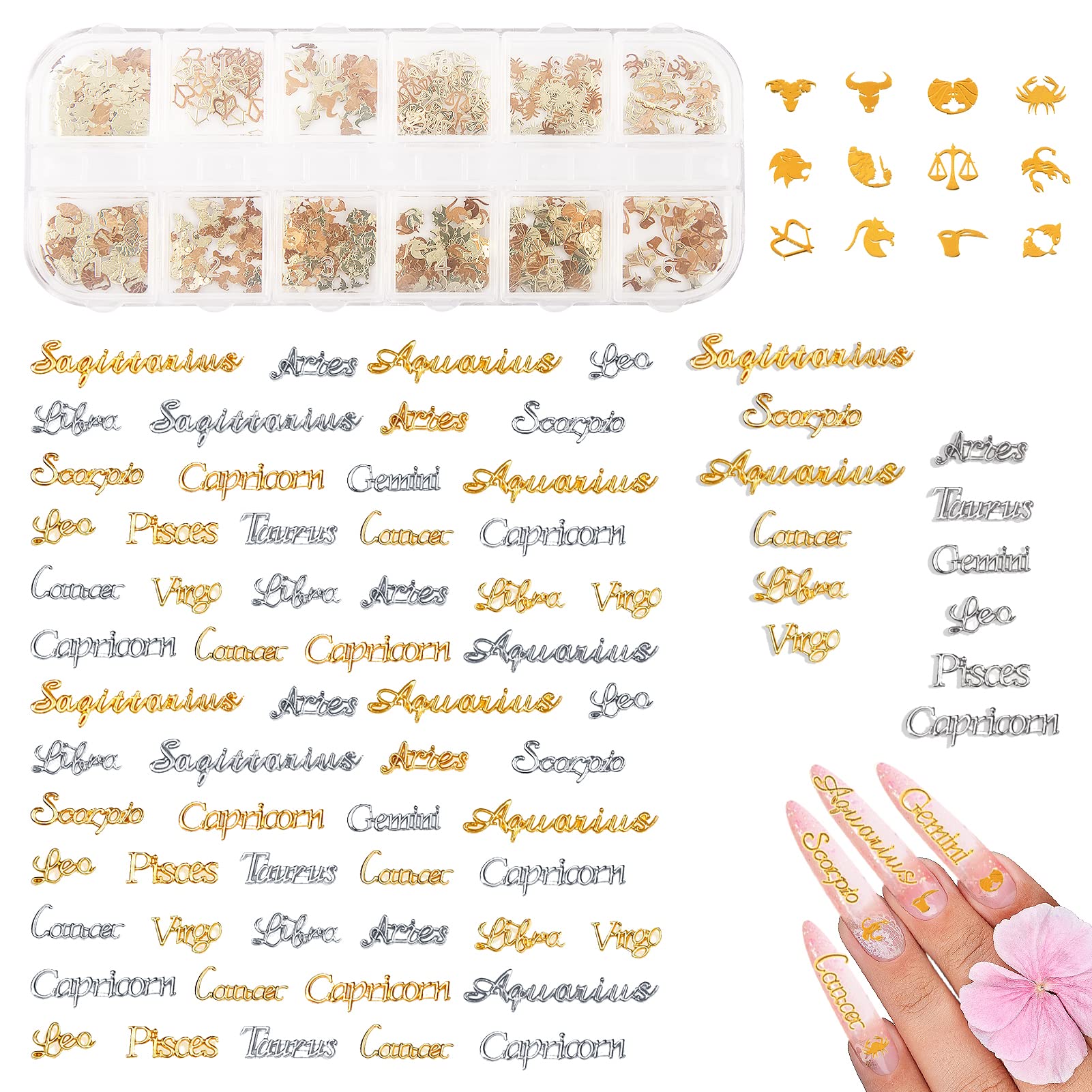 1200 PCS Zodiac Nail Charms - 2 Boxes Zodiac Nail Art Stickers, Gold Twelve  Cons