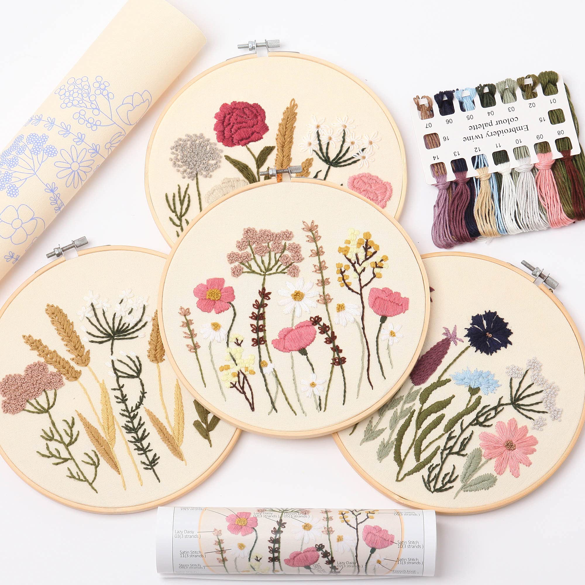 REEWISLY Embroidery Kit for Beginners 4 Sets Hand DIY Cross Stitch Kits 4  pcs Embroidery Hoop 4 pcs Plants Flowers Embroidery Patterns and Threads  Easy for The Embroidery Beginners to Learn Kit S366