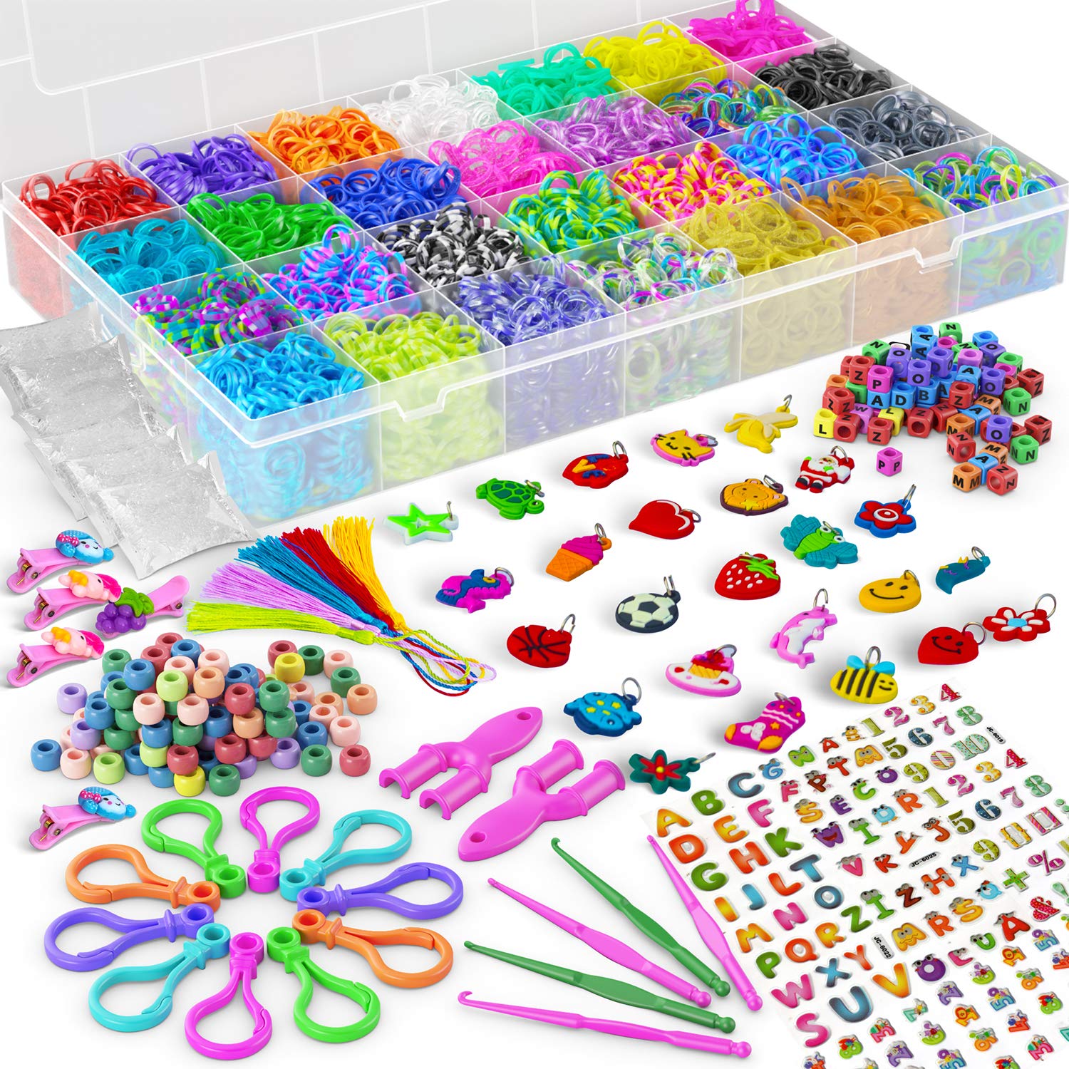 11,900+ Rubber Band Bracelet Refill Kit - 11,000 Premium Loom Bands in 28  Bright Colors, 600 S-Clips, 200 Beads, 30 Charms, 52 ABC Beads - Loom  Bracelet Making Kit in a Huge Giftable Case