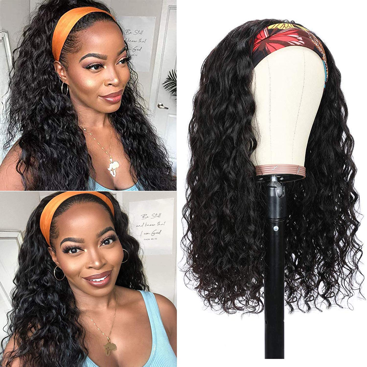 Headband Wigs Human Hair Deep Wave No Lace Front Wigs for Black Women  Unprocessed Virgin Hair Wet Curly Wigs Machine Made Glueless Headband Wig  Easy