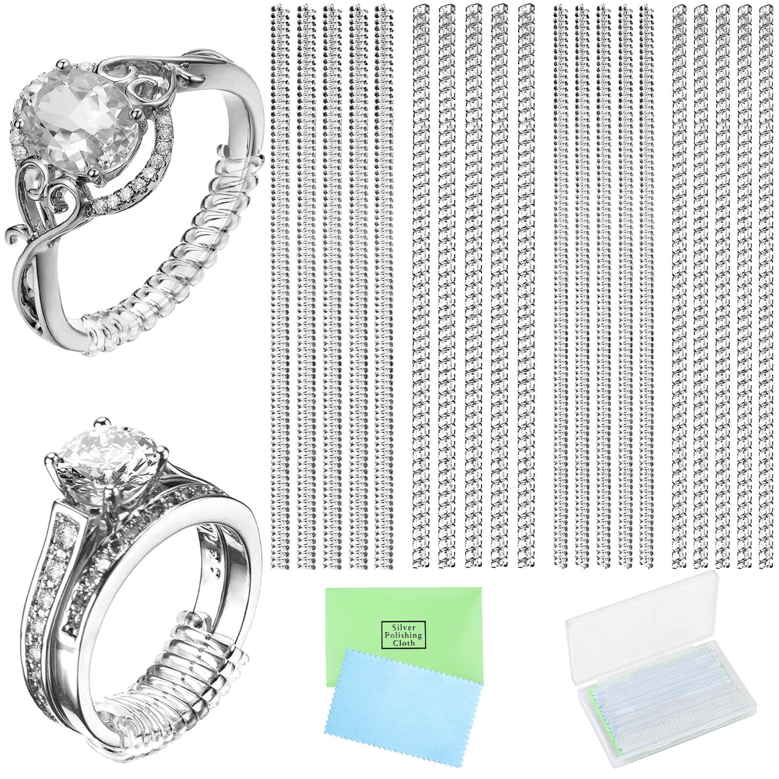 Ring Sizer Adjuster for Loose Rings 22 Pack 4 Sizes Silicone Ring Guards Invisible  Ring Adjuster Spiral Ring Spacers Fitter with Polishing Cloth Transparent  Ring Resizer Tightener for Women and Men