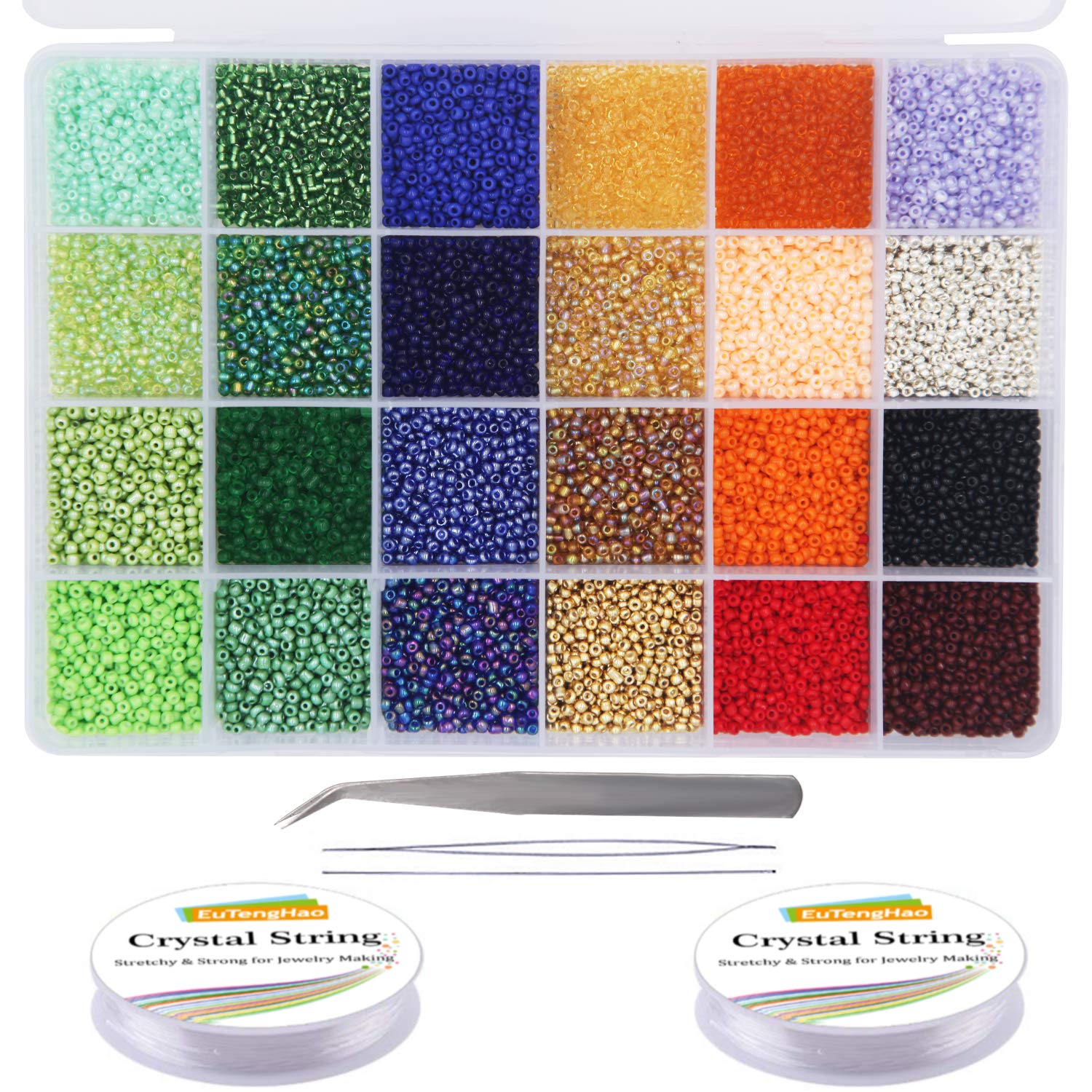 EuTengHao 14400pcs Glass Seed Beads Small Craft Beads for DIY Bracelet  Necklaces Crafting Jewelry Making Supplies with Two 0.5mm Clear Bracelet  String (600Pcs Per Color 24 Colors)