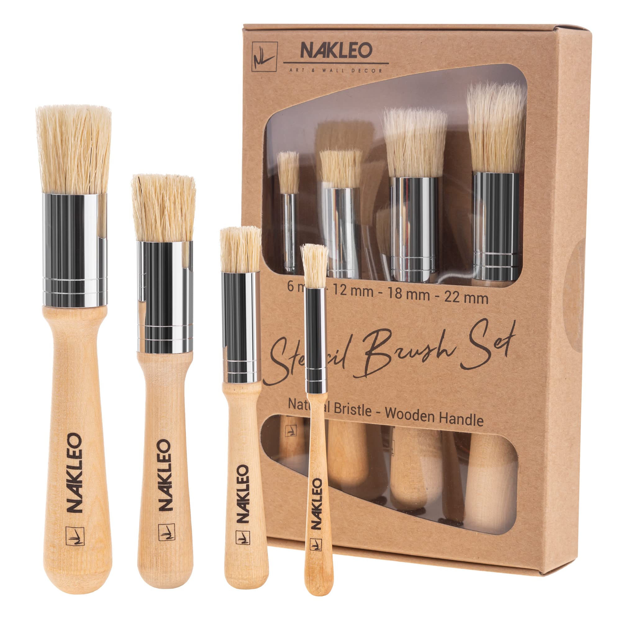 4 Pcs Wooden Stencil Brush Set - Natural Bristle - 6-12-18-22 mm - 1/4,  1/2, 3/4 and 1 inch - for stenciling, waxing, Chalk, Oil and Acrylic Paint