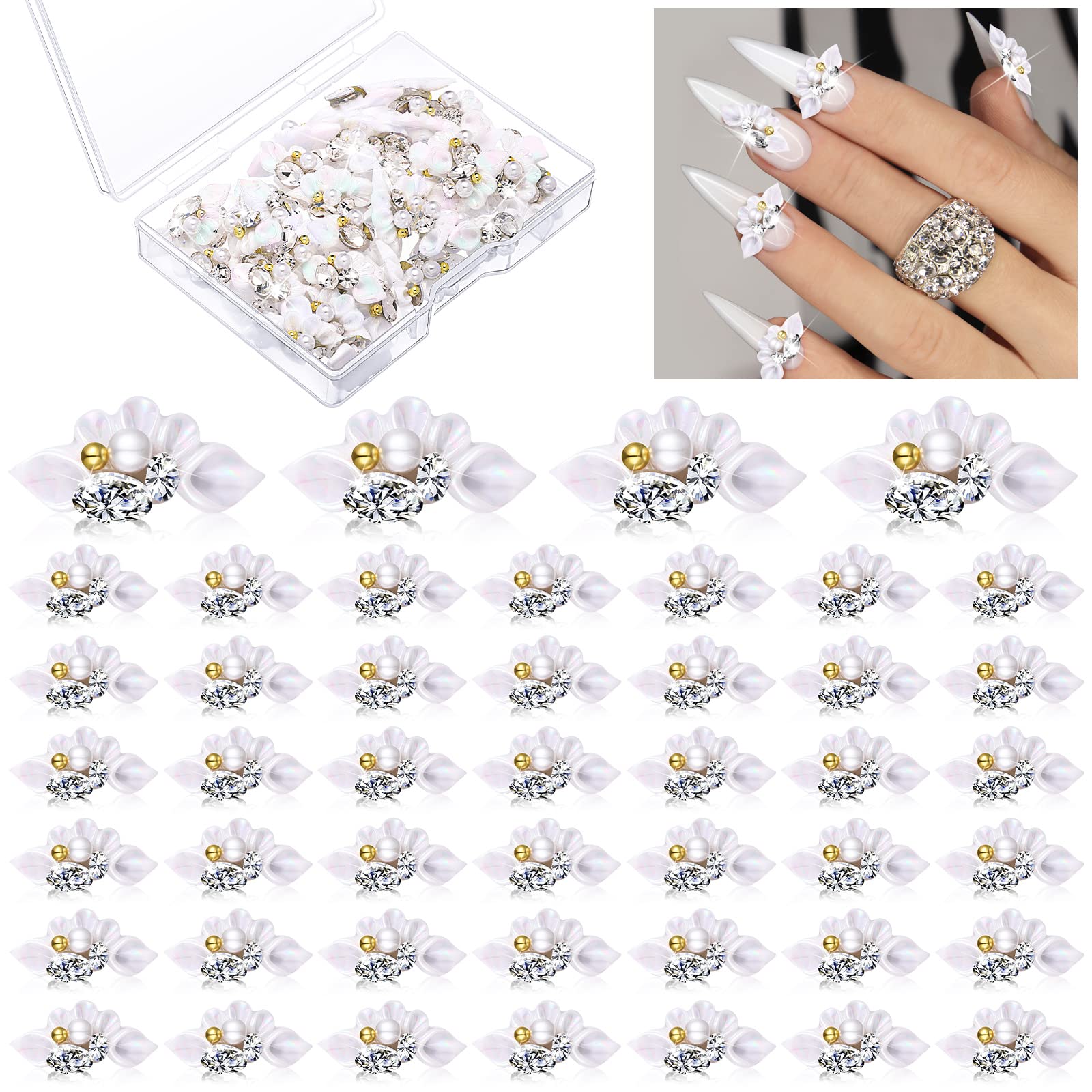 50 Pcs 3D Acrylic Flower Nail Charms Fourth of July Star Nail Charm for Nail  Gems and Rhinestones with Pearl Beads Crystals Nail Blossom Spring Nail  Supplies for DIY (White Flower Style)