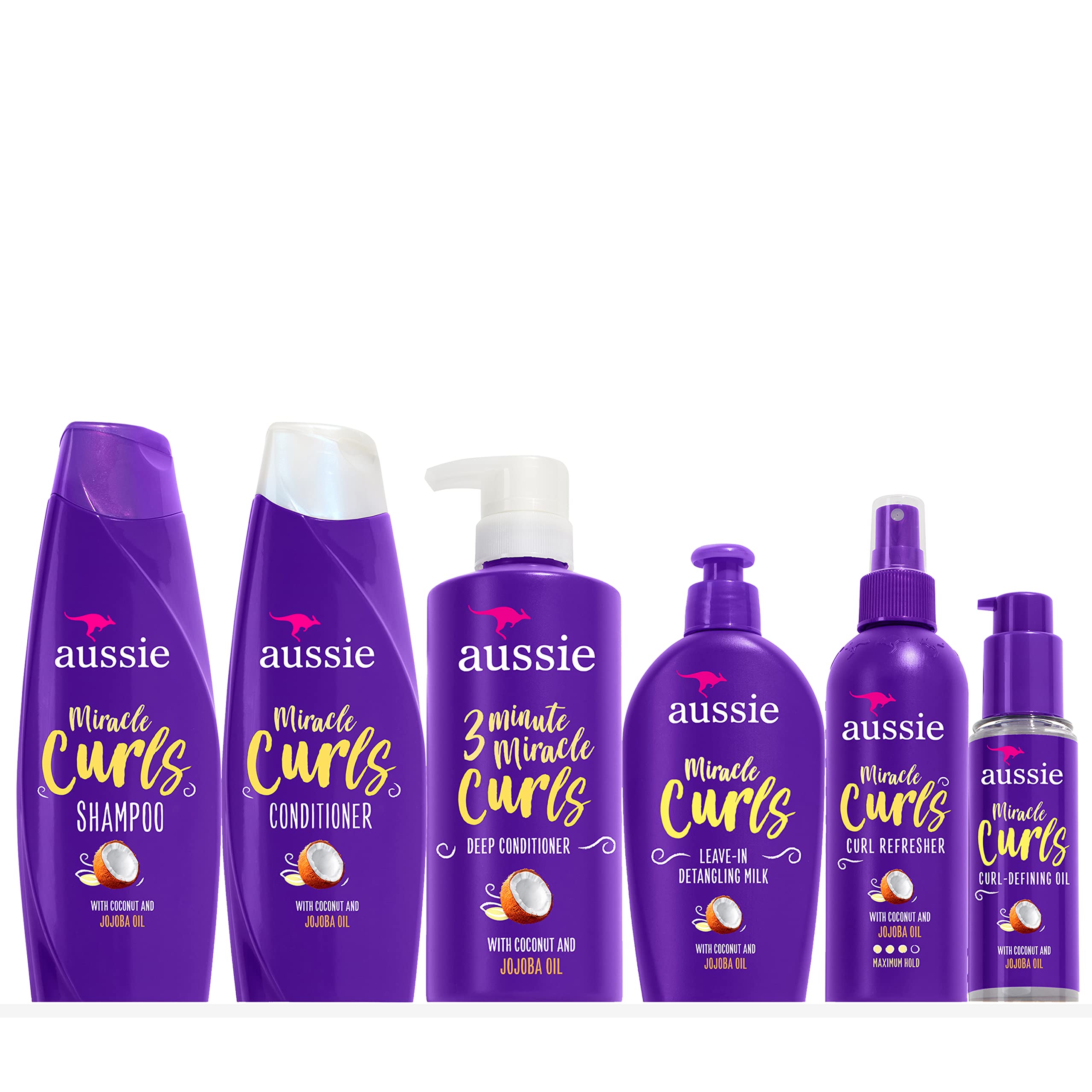 Aussie Miracle Curls Collection: Shampoo, Conditioner, Deep Spray Detangling Milk, and Oil Hair Treatment (6 Piece