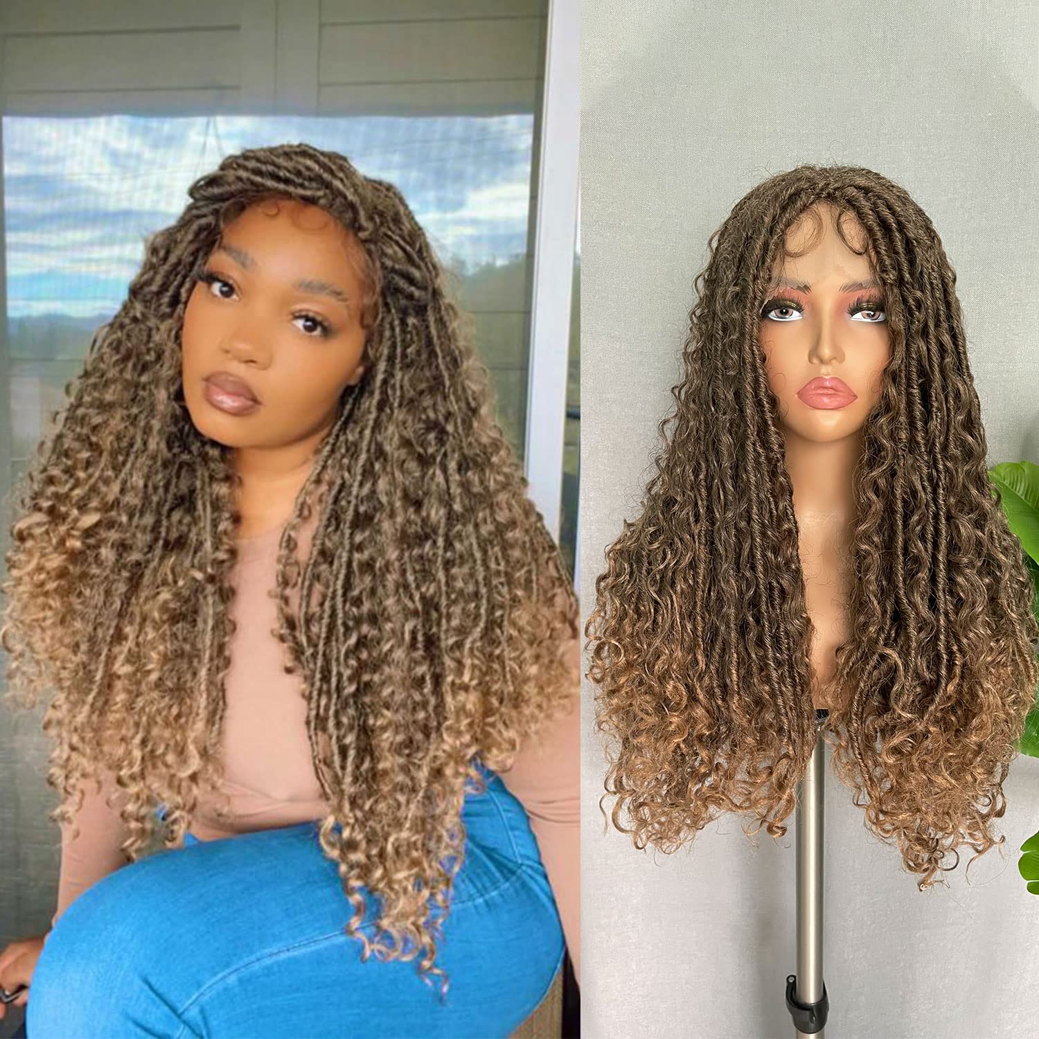 SOKU Lace Front Faux Locs Braided Wig 28 Swiss Lace Ombre Brown